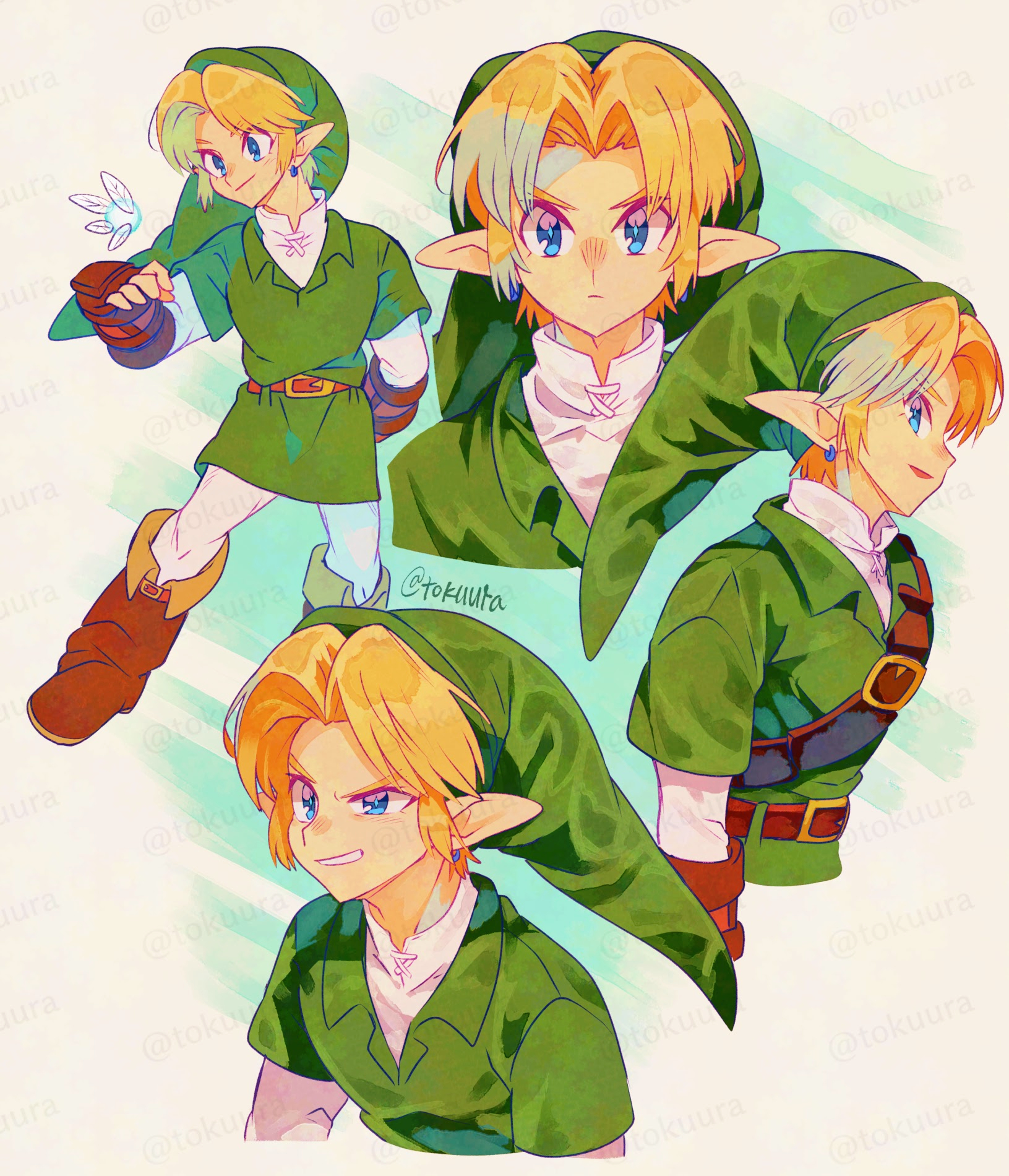 tokuura, navi, nintendo, the legend of zelda, the legend of zelda: ocarina of time, adversarial noise, commentary request, highres, 1boy, artist name, belt, blonde hair, blue eyes, boots, brown belt, brown boots, brown gloves, earrings, fairy, fingerless gloves, fold-over boots, gloves, green hat, green tunic, grin, hat, jewelry, layered sleeves, long sleeves, looking at viewer, male focus, multiple views, pants, pointy ears, short hair, short over long sleeves, short sleeves, smile, tunic, twintails, watermark, watermark grid, white pants
