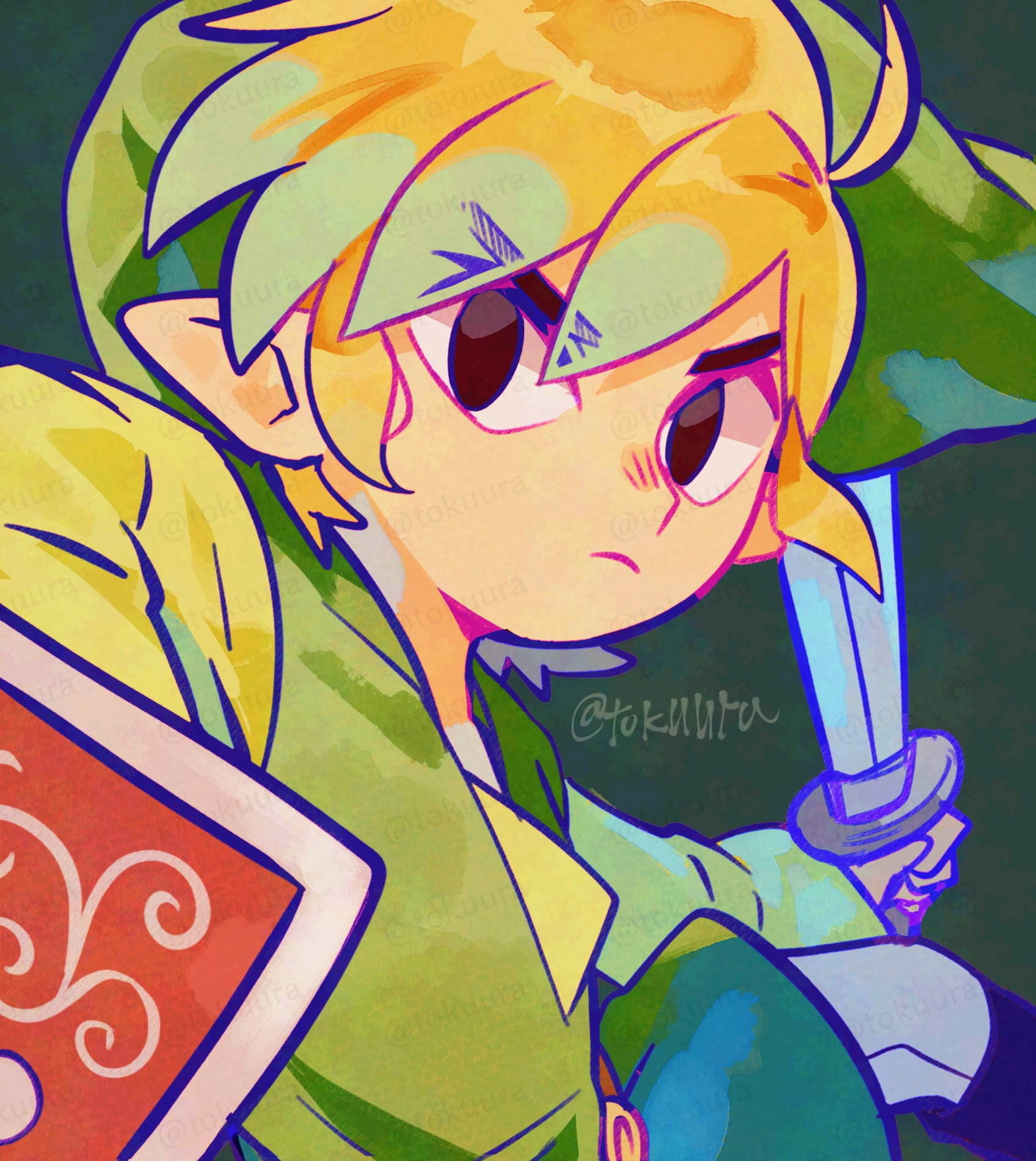 tokuura, link, toon link, nintendo, the legend of zelda, the legend of zelda: the wind waker, adversarial noise, commentary request, highres, 1boy, artist name, black eyes, blonde hair, green background, green hat, green tunic, hat, holding, holding shield, holding sword, holding weapon, left-handed, long sleeves, looking at viewer, male focus, pointy ears, shield, simple background, solo, sword, tunic, twitter username, watermark, watermark grid, weapon
