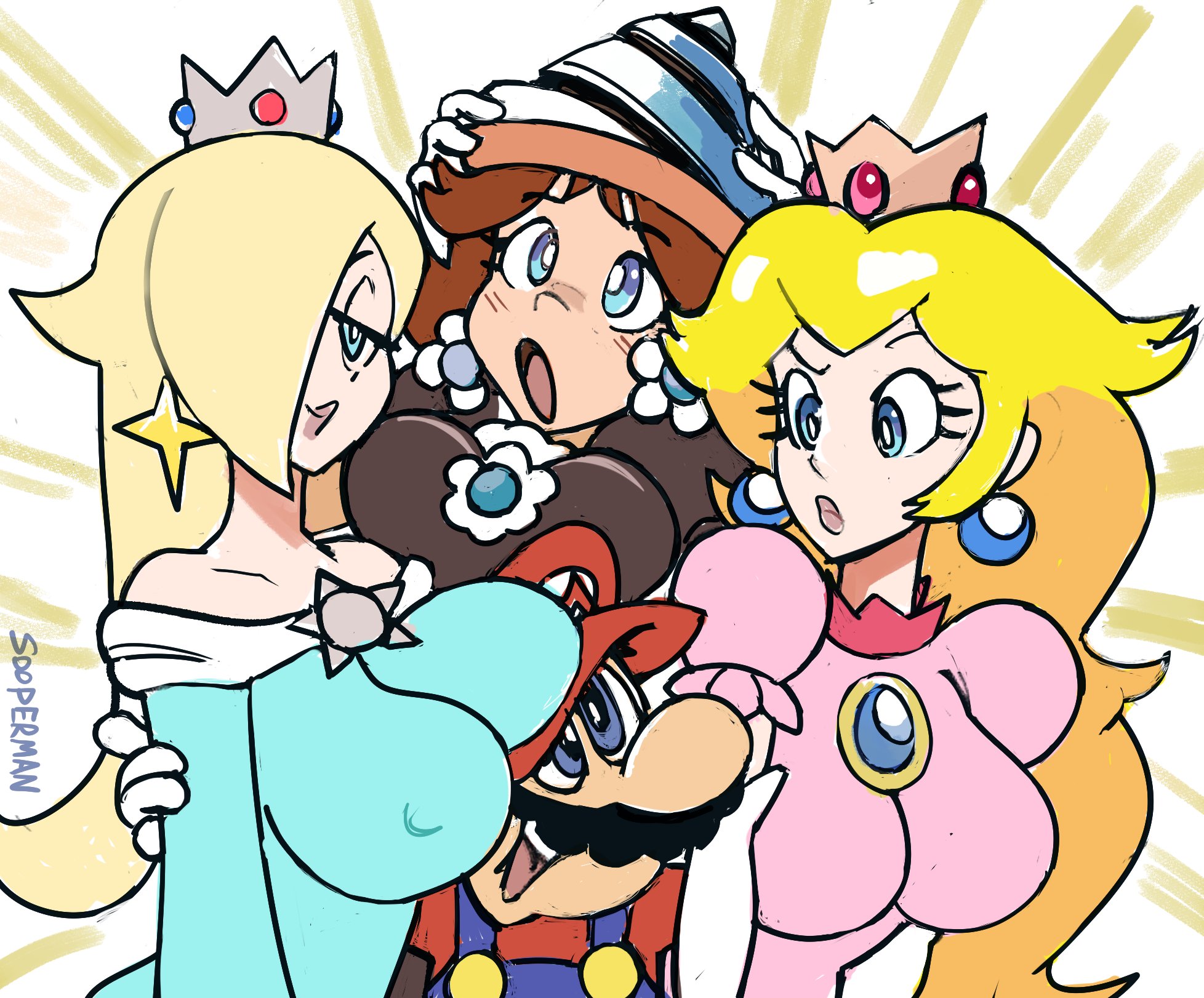 sooperman, drill daisy, mario, princess daisy, princess peach, rosalina, mario (series), nintendo, super mario bros. wonder, 1boy, 3girls, accidental pervert, between breasts, blonde hair, blue eyes, breast press, breasts, brown hair, chest jewel, covered erect nipples, crown, drill, earrings, face to breasts, facial hair, flipped hair, flower earrings, grin, hair over one eye, hat, head between breasts, jewelry, large breasts, long hair, looking at another, looking at viewer, multiple girls, mustache, open mouth, overalls, smile, standing, upper body