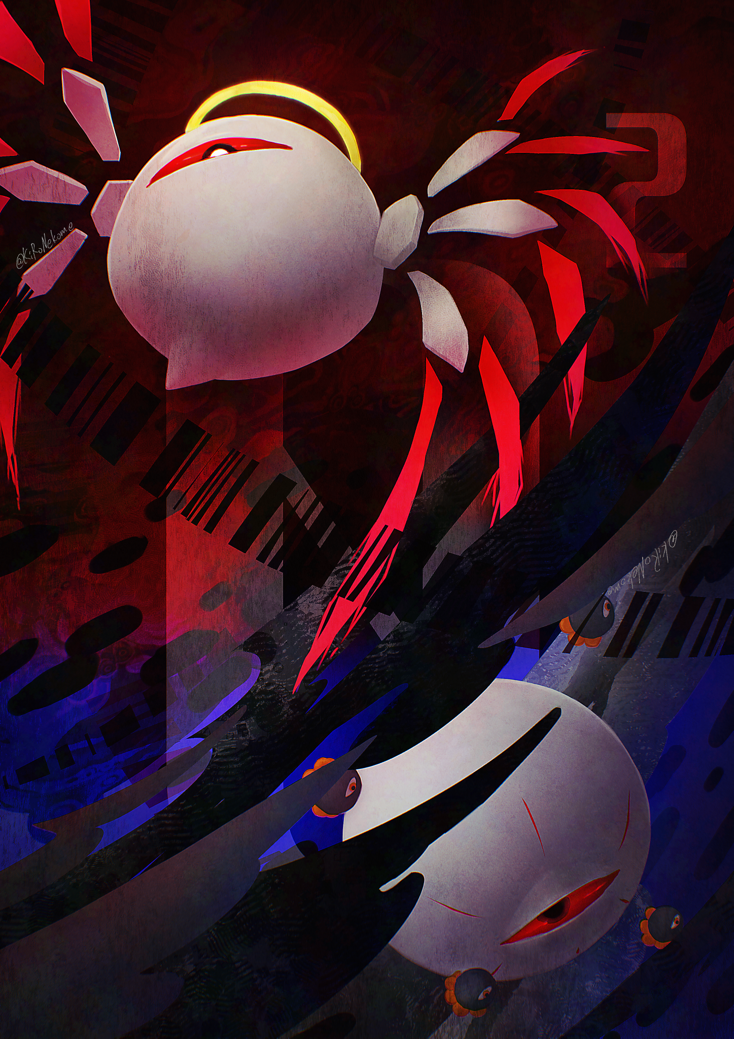 mizusuibo, dark matter (kirby), zero (kirby), zero two (kirby), kirby's dream land 3, kirby (series), kirby 64, nintendo, commentary request, highres, barcode, cloud, dark background, dark cloud, halo, looking at viewer, no humans, one-eyed, orange eyes, red eyes, twitter username, wings