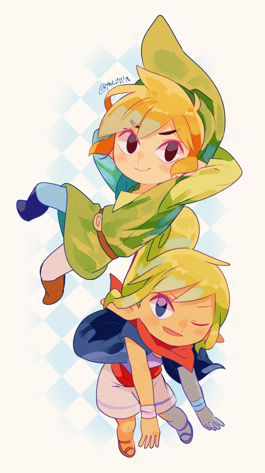 tokuura, link, tetra, toon link, nintendo, the legend of zelda, the legend of zelda: the wind waker, commentary request, highres, 1boy, 1girl, ;d, argyle background, arms behind head, artist name, bandana, bandana around neck, belt, black eyes, blonde hair, blue eyes, blue vest, boots, brown belt, brown boots, brown sandals, closed mouth, green hat, green tunic, hat, one eye closed, open clothes, open mouth, open vest, pants, purple shirt, red bandana, red sash, sandals, sash, shirt, smile, tunic, twitter username, vest, white pants