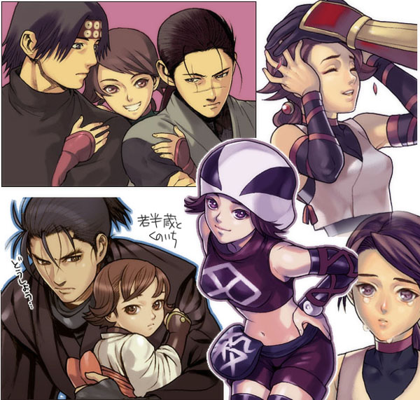 yukitada, hattori hanzo (sengoku musou), kunoichi (sengoku musou), sanada yukimura (sengoku musou), sengoku musou, 2boys, armor, black eyes, black hair, brown eyes, brown hair, detached sleeves, grin, hat, long hair, male focus, midriff, multiple boys, ponytail, purple eyes, scar, short hair, short shorts, shorts, smile, tank top, tears, thighhighs