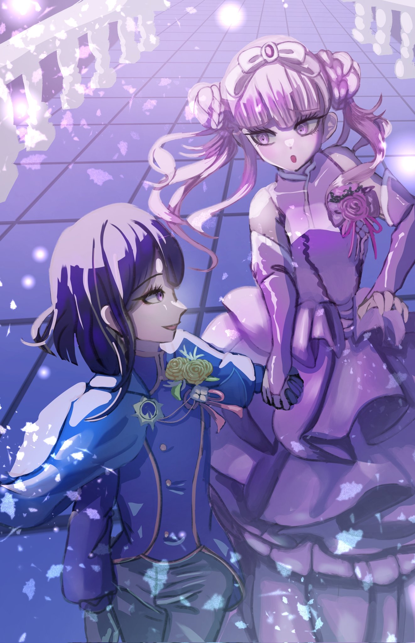 tsukumo ima, tsukumo kako, the hundred line -last defense academy-, commentary request, highres, 1boy, 1girl, blush, bow, braid, braided bun, brother and sister, double bun, dress, falling petals, fingerless gloves, flower, formal clothes, gloves, hair bow, hair bun, headband, holding hands, long hair, medium hair, official alternate costume, petals, pink dress, pink eyes, pink flower, pink hair, pink rose, purple hair, railing, rose, siblings, tile floor, tiles, twins, user svaw2754, yellow flower, yellow rose