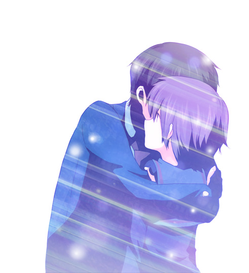 yoshizoe eiko, kyon, nagato yuki, suzumiya haruhi no shoushitsu, suzumiya haruhi no yuuutsu, 10s, cardigan, grey hair, hug, school uniform, serafuku, short hair