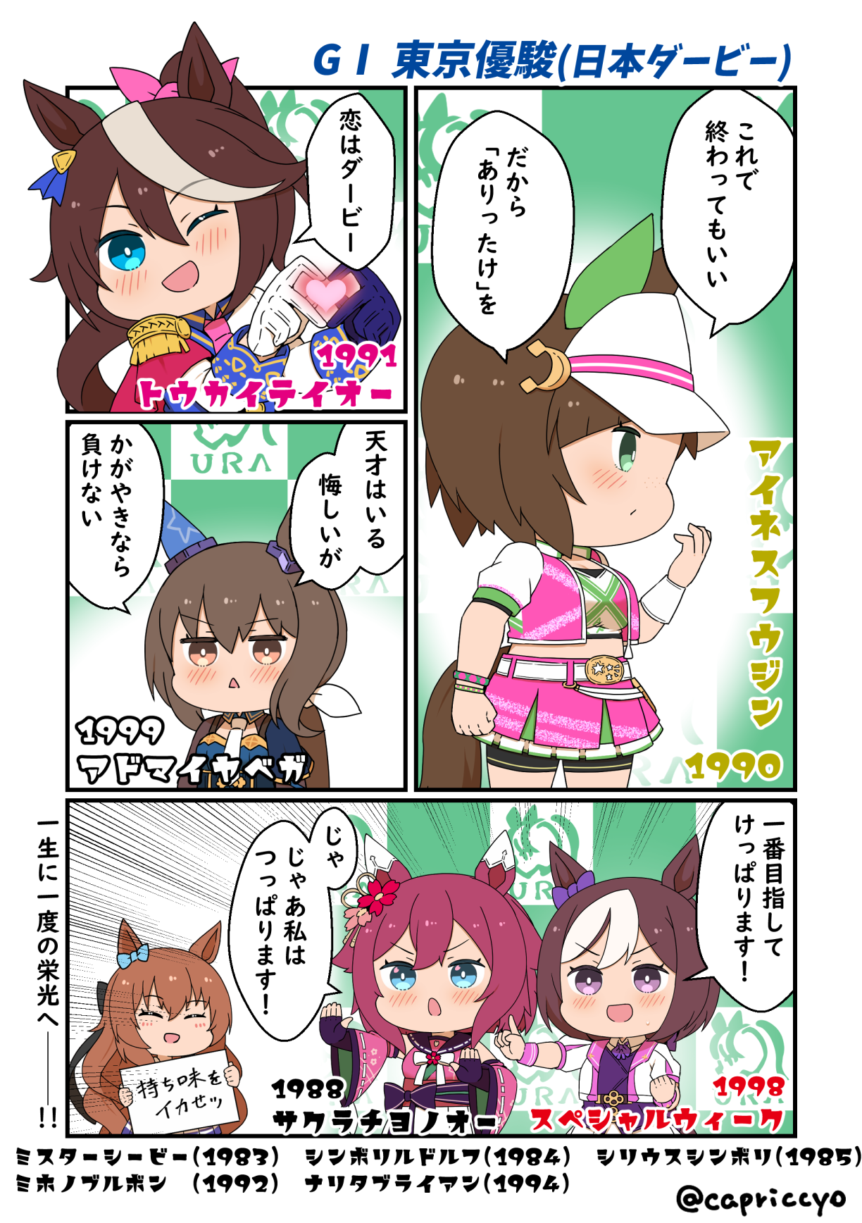 capriccyo, admire vega (umamusume), ines fujin (umamusume), maruzensky (umamusume), sakura chiyono o (umamusume), special week (special dreamer) (umamusume), special week (umamusume), tokai teio (peak joy) (umamusume), tokai teio (umamusume), umamusume, commentary request, highres, translation request, 6+girls, ;d, animal ears, asymmetrical gloves, blue bow, blue eyes, blue gloves, blue jacket, blush, bow, breasts, brown eyes, brown hair, chibi, closed mouth, cropped jacket, detached sleeves, epaulettes, fingerless gloves, flower, gloves, green eyes, grey eyes, hair between eyes, hair flower, hair ornament, hair ribbon, head tilt, heart, heart hands, holding, holding sign, horse ears, horse girl, horse tail, jacket, large breasts, long hair, long sleeves, low ponytail, mismatched gloves, multicolored hair, multiple girls, one eye closed, open clothes, open jacket, open mouth, outstretched arm, pink jacket, pink ribbon, pink skirt, pink sleeves, ponytail, puffy short sleeves, puffy sleeves, purple gloves, purple hair, purple vest, red flower, ribbon, short sleeves, sign, single epaulette, skirt, smile, star (symbol), streaked hair, tail, twitter username, v-shaped eyebrows, very long hair, vest, visor cap, white gloves, white jacket, white ribbon, wide sleeves, wrist cuffs