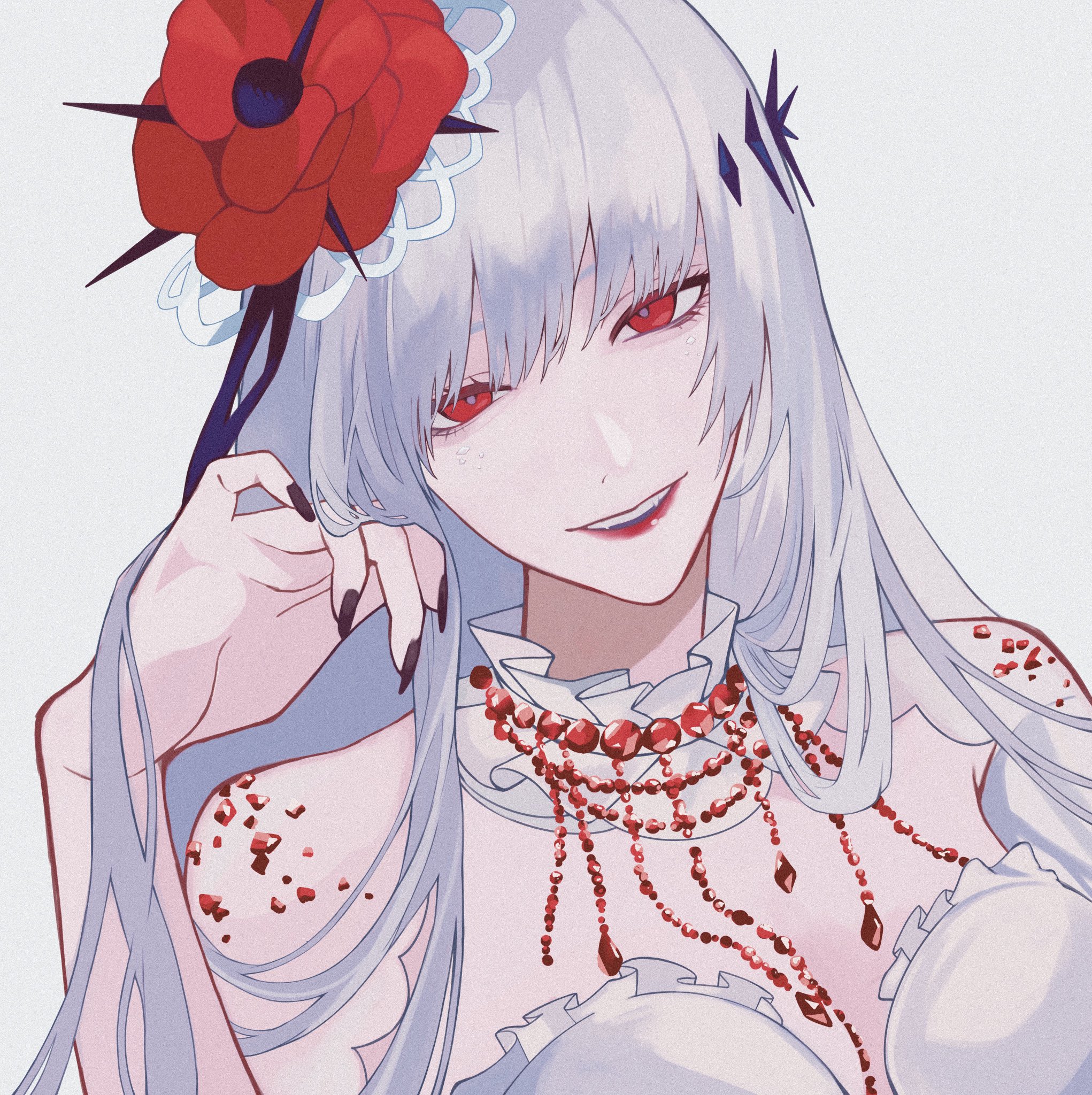 coquelic (path to nowhere), path to nowhere, commentary request, highres, 1girl, adjusting hair, black nails, breasts, cleavage, flower, hair flower, hair ornament, jewelry, looking at viewer, nail polish, portrait, red eyes, red lips, smile, solo, teeth, upper teeth only, white hair, yoi muki
