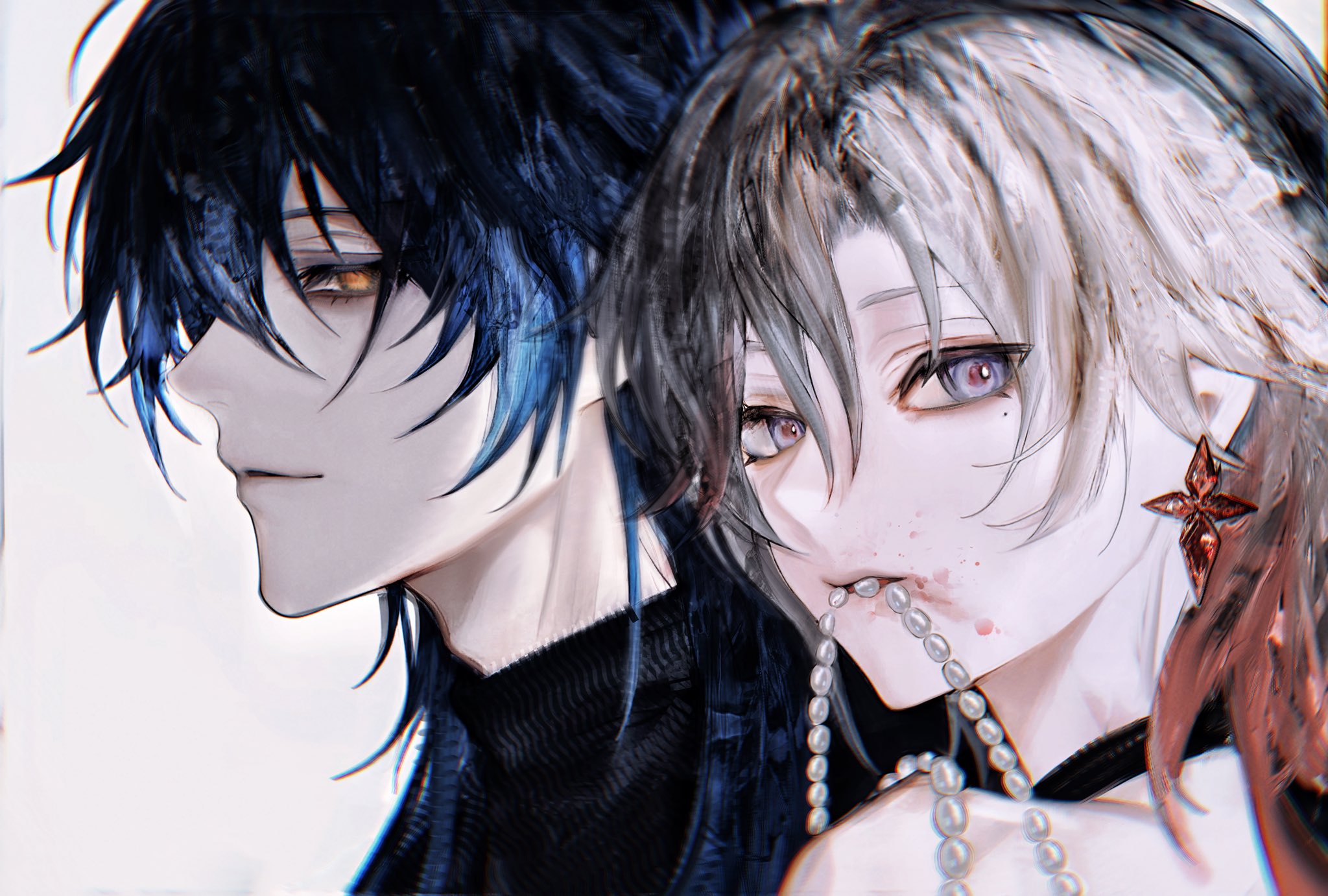 flins (genshin impact), illuga (genshin impact), genshin impact, commentary, english commentary, highres, 2boys, black shirt, blue eyes, blue hair, closed mouth, earrings, eyelashes, gradient hair, hair behind ear, jewelry, kjbb782723, looking to the side, male focus, multicolored hair, multiple boys, necklace, necklace in mouth, parted bangs, parted hair, piercing, shirt, sideways glance, simple background, turtleneck, white background