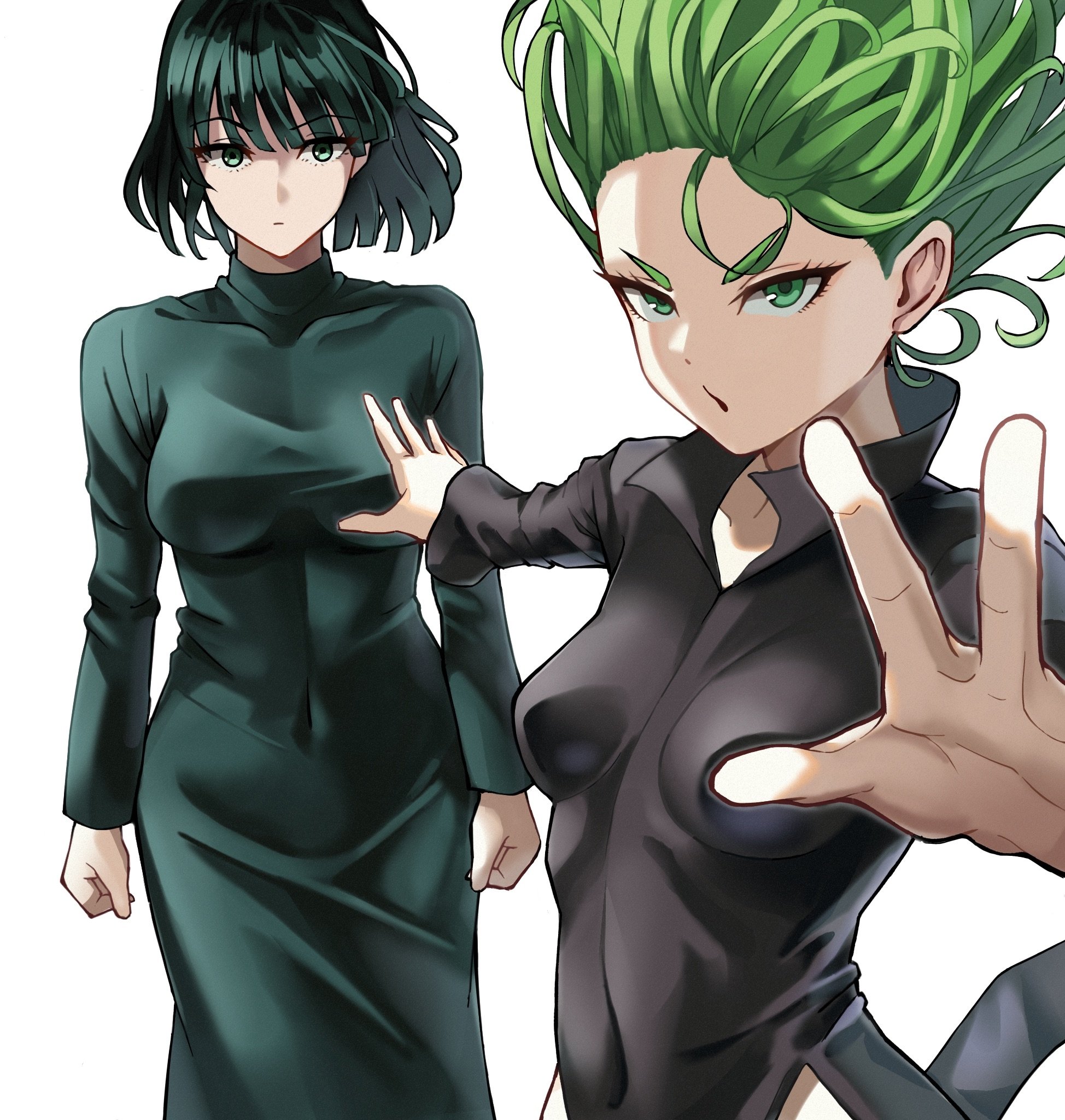 sachihiro, fubuki (one-punch man), tatsumaki, one-punch man, highres, 2girls, black dress, bob cut, breasts, clenched hands, collarbone, collared dress, dress, eyelashes, floating hair, green dress, green eyes, green hair, large breasts, let him cook (meme), linea alba, long dress, long sleeves, looking at another, looking at viewer, mature female, meme, multiple girls, navel, outstretched arms, parted bangs, parted lips, short dress, short hair, siblings, side slit, simple background, sisters, skin tight, small breasts, turtleneck, turtleneck dress, white background