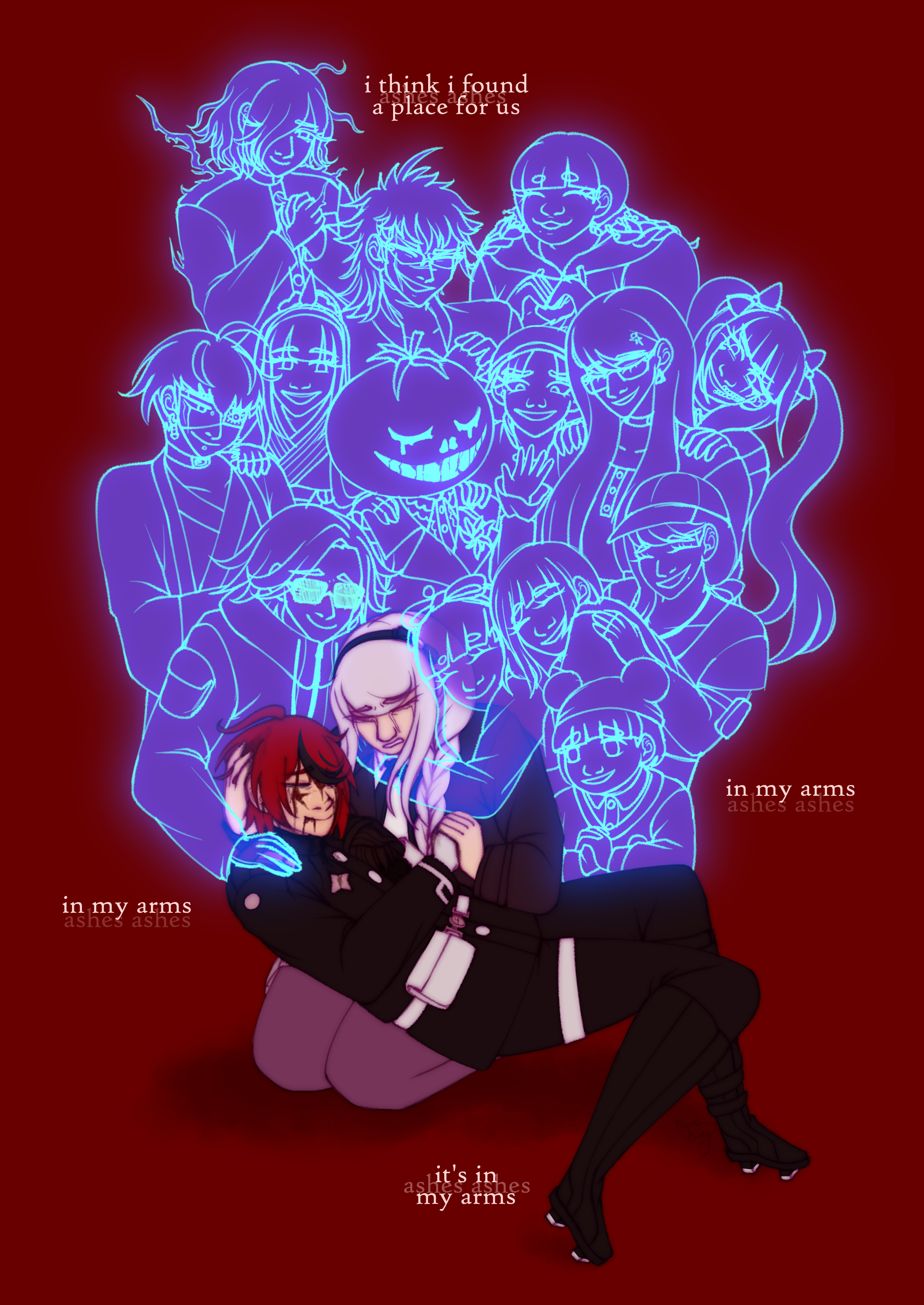 amemiya darumi, aotsuki eito, ginzaki shouma, kawana tsubasa, kirifuji nozomi, magadori kyoshika, maruko gaku, mojiro moko, omokage yugamu, oosuzuki kurara, shion (hundred line), shizuhara hiruko, sumino takumi, tsukumo ima, tsukumo kako, yakushiji takemaru, the hundred line -last defense academy-, absurdres, commentary, english commentary, highres, spoilers, 2nd scenario (hundred line), blood, blood from mouth, blood on face, closed eyes, crying, dying, english text, everyone, ghost, holding, last defense academy school uniform, light smile, long hair, red background, school uniform, thiefofblood, white hair