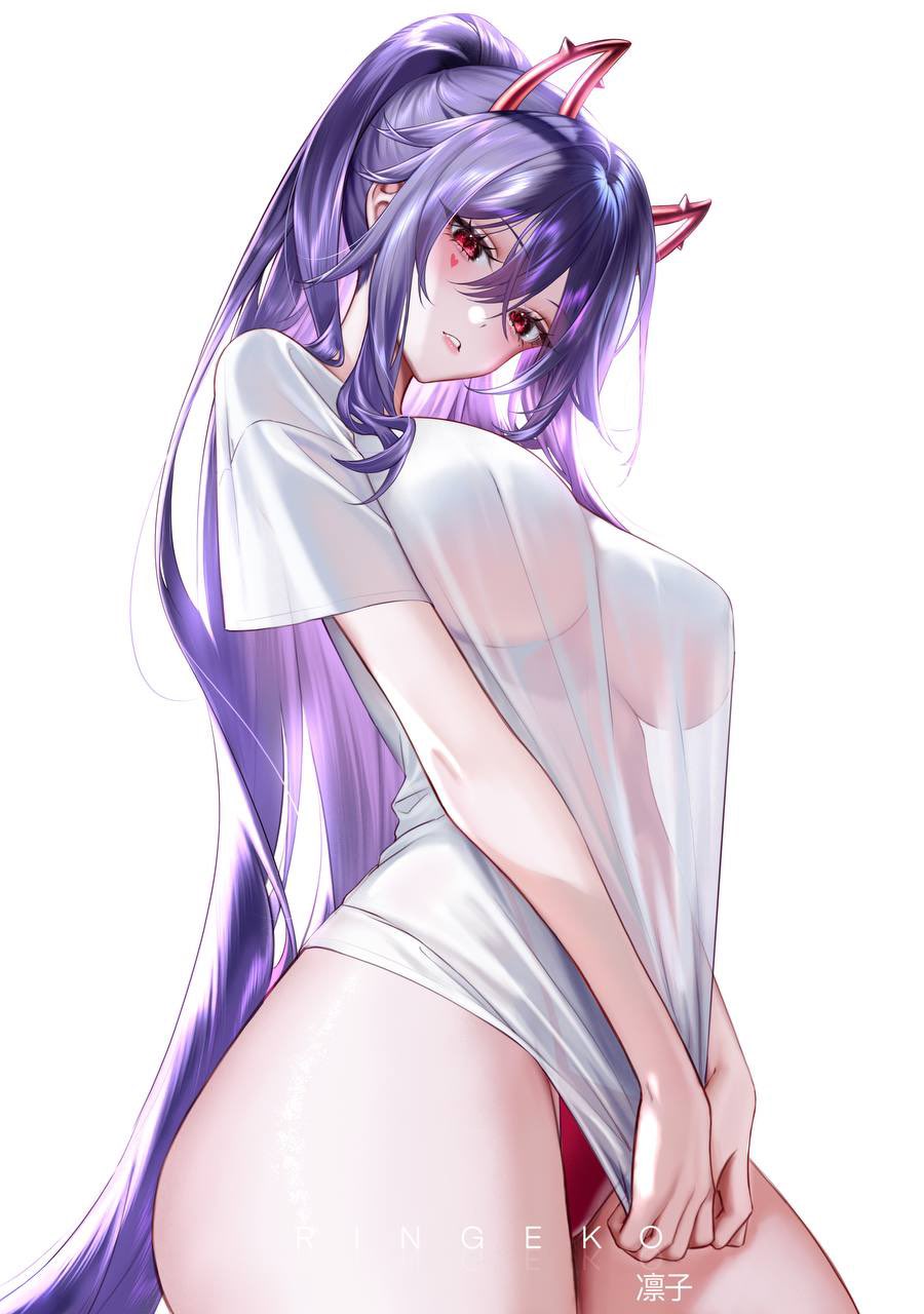 ringeko-chan, akuma nihmune, indie virtual youtuber, commentary, highres, 1girl, artist name, breasts, clothes pull, cowboy shot, hair between eyes, horns, large breasts, long hair, looking at viewer, no pants, panties, parted lips, purple hair, red eyes, red horns, red panties, shirt, shirt pull, shirt tug, simple background, solo, underwear, very long hair, virtual youtuber, white background, white shirt