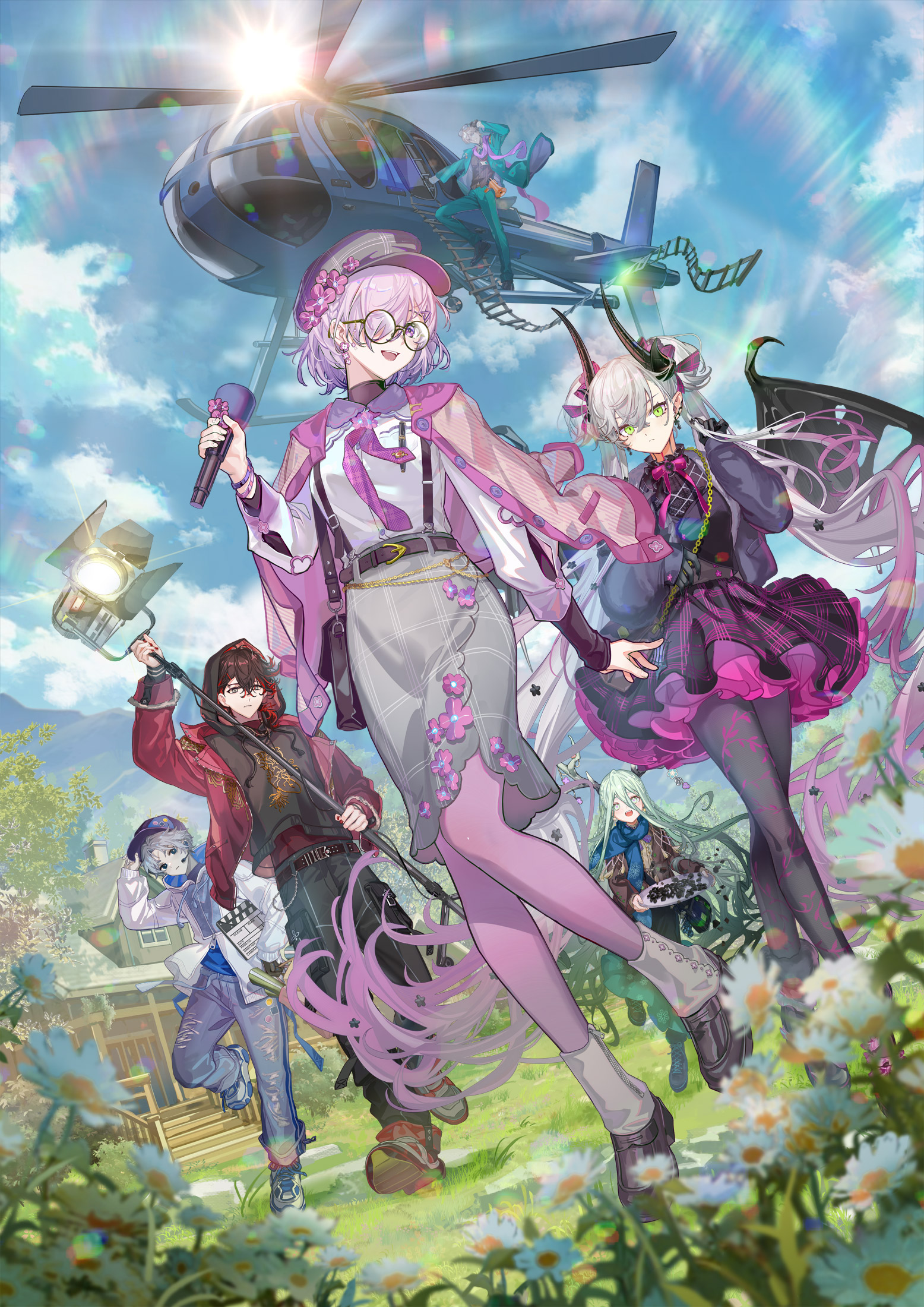 hitokoto, dante alighieri (fate), indra (fate), lilith (fate), louhi (fate), mash kyrielight, toudou heisuke (fate), fate/grand order, fate (series), highres, official art, revision, 3boys, 3girls, aircraft, antlers, black dress, black hands, blue sky, blush, breasts, colored extremities, crossed bangs, demon girl, demon horns, demon wings, dress, earrings, flower, green eyes, green hair, grey hair, hair between eyes, hair over one eye, helicopter, horns, jewelry, large breasts, long hair, looking at viewer, medium breasts, multiple boys, multiple girls, open mouth, pink hair, pointy ears, purple dress, purple eyes, short hair, sky, small breasts, smile, twintails, very long hair, wings