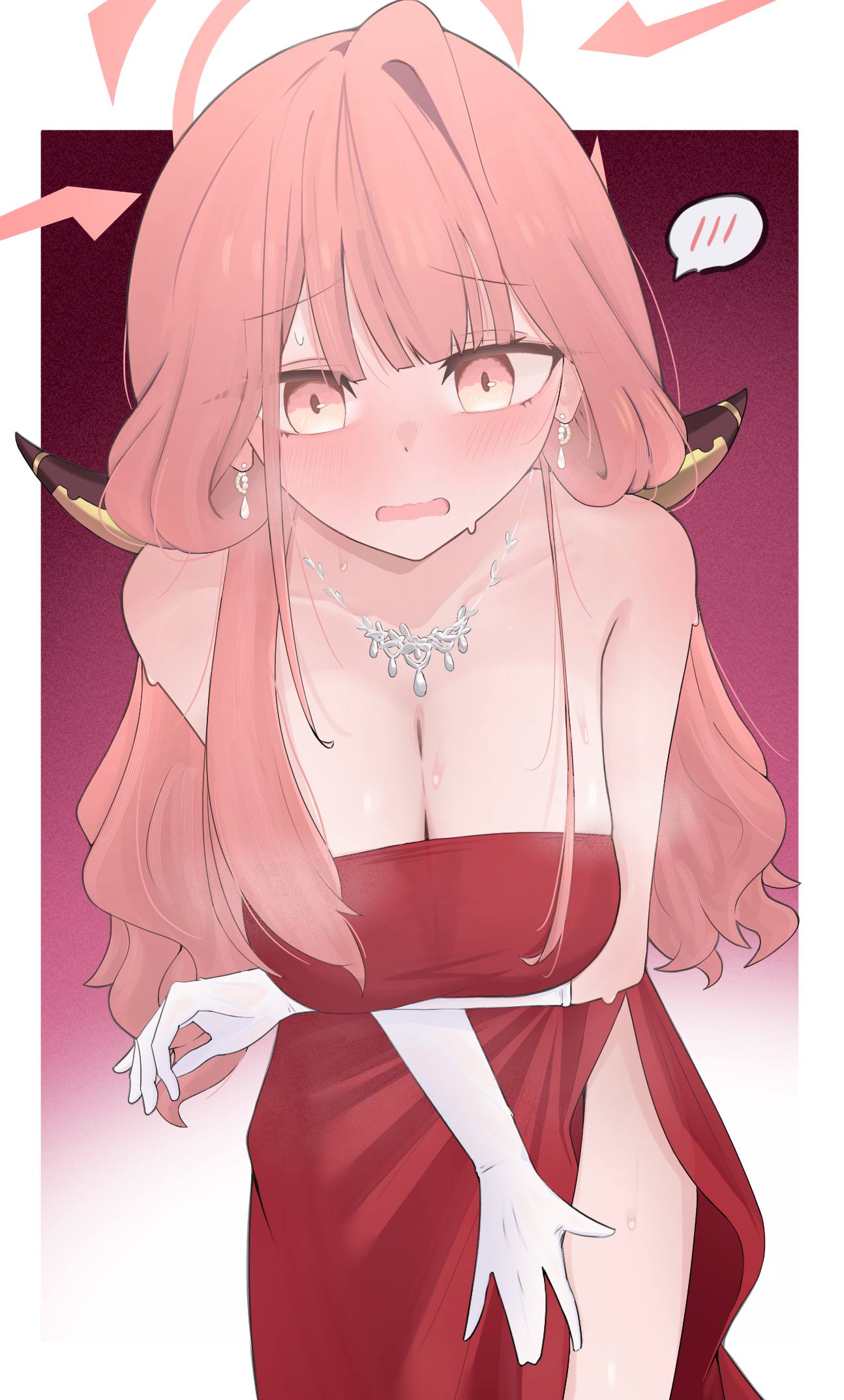 aru (blue archive), aru (dress) (blue archive), blue archive, commentary, highres, 1girl, arm under breasts, bare shoulders, blush, breasts, cleavage, demon horns, dress, earrings, elbow gloves, gloves, hair between eyes, halo, horns, huge breasts, jewelry, leaning forward, lipton8811, long hair, looking at viewer, necklace, official alternate costume, pink eyes, pink hair, pink halo, red dress, side slit, single sidelock, solo, speech bubble, spoken blush, strapless, strapless dress, sweatdrop, wavy mouth, white gloves