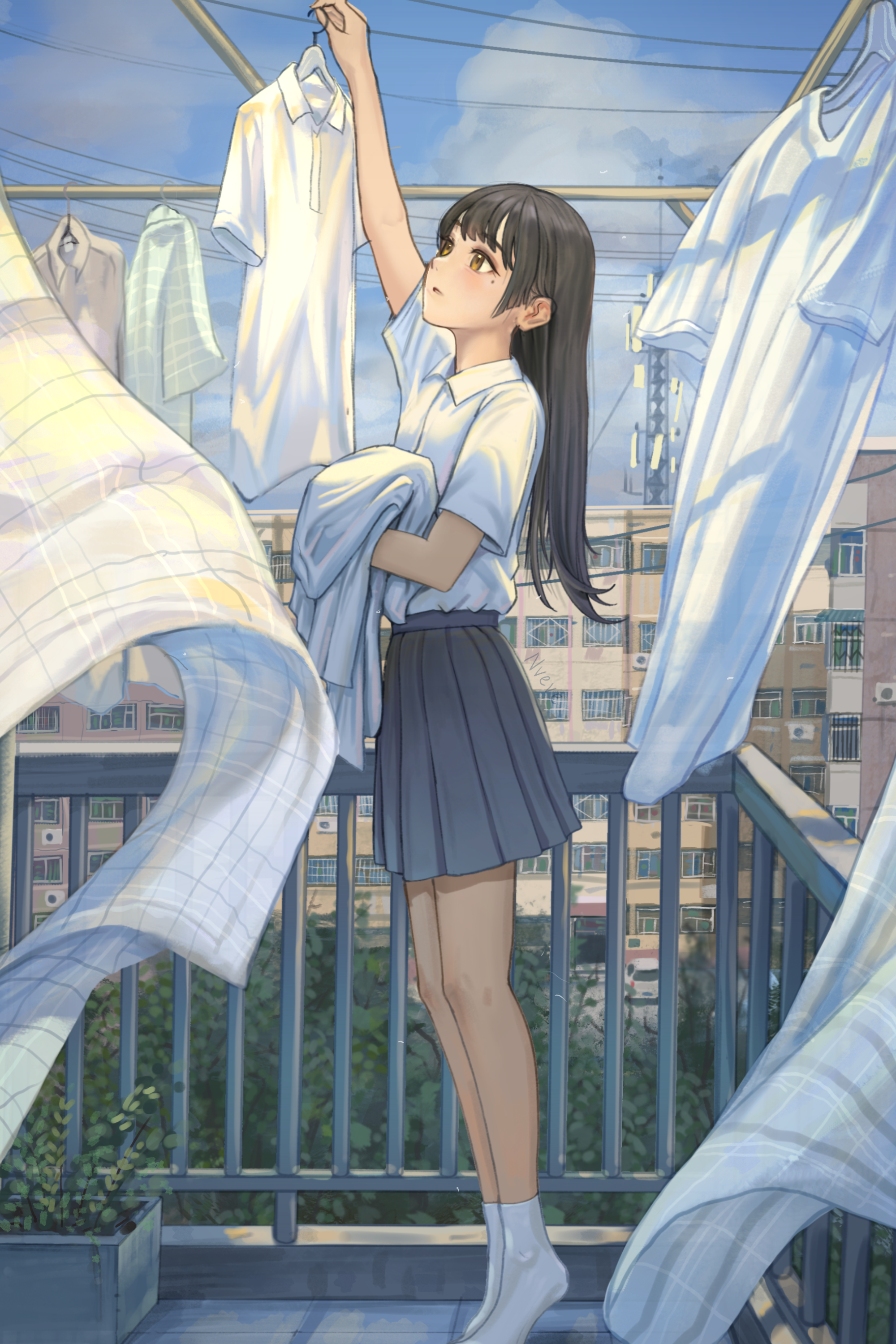 original, absurdres, commentary request, highres, 1girl, arm up, balcony, black hair, black skirt, brown eyes, cityscape, clothes hanger, cloud, cloudy sky, hime cut, laundry, laundry pole, long hair, mole, mole on cheek, no shoes, pleated skirt, scenery, school uniform, shirt, skirt, sky, socks, solo, tiptoes, user vvdr2237, white shirt, white socks