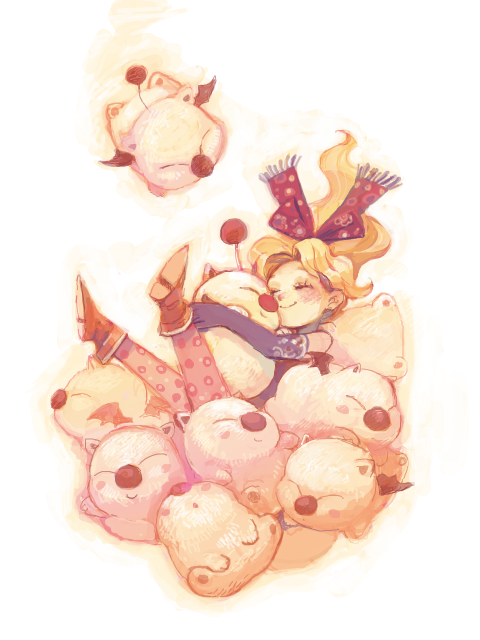 nacky, moogle, tina branford, final fantasy, final fantasy vi, 1990s (style), aged down, blonde hair, blush, closed eyes, elbow gloves, gloves, pantyhose, ponytail, retro artstyle, ribbon, smile, solo