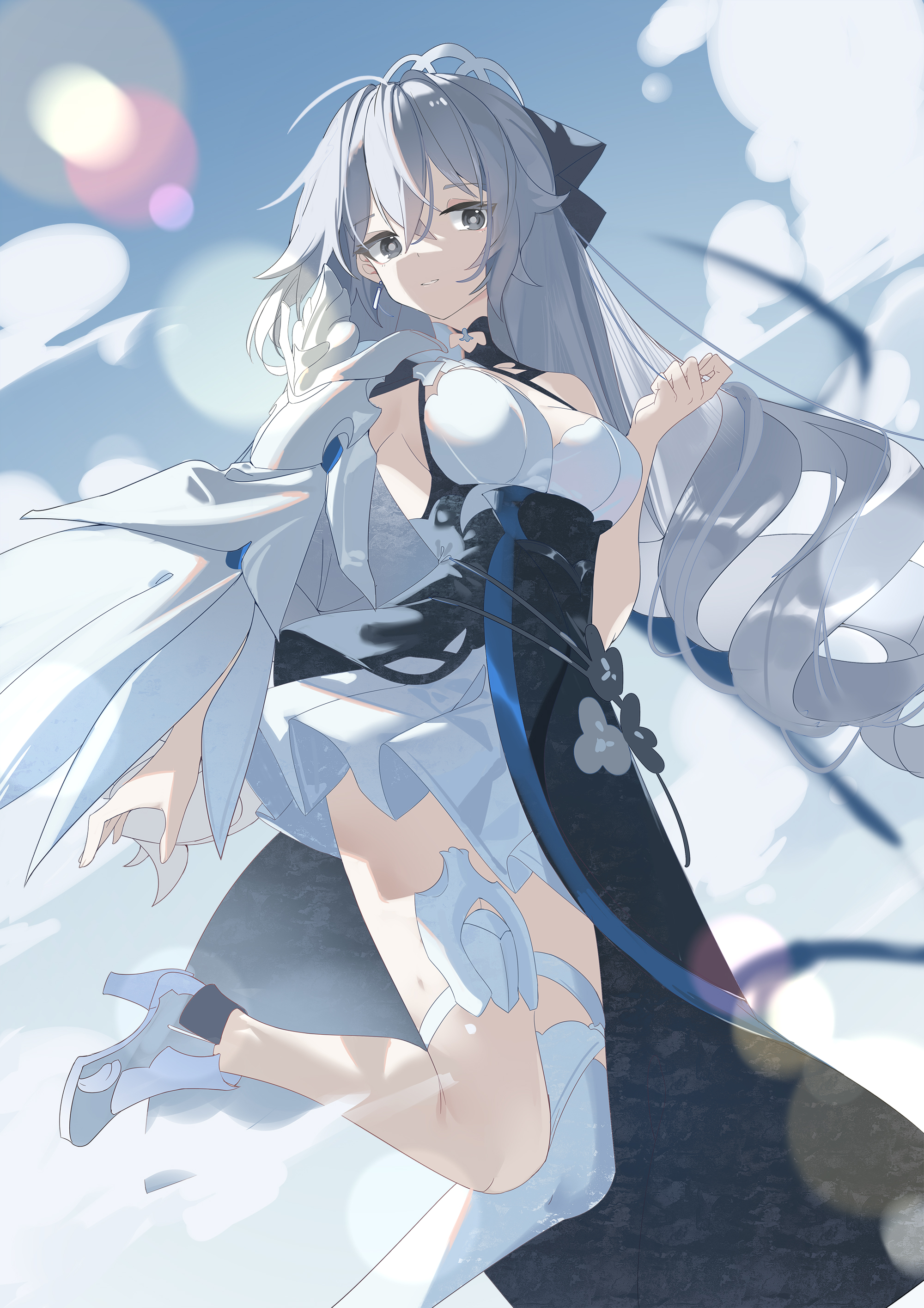 qtian, bronya zaychik, bronya zaychik (silverwing: n-ex), honkai (series), honkai impact 3rd, absurdres, chinese commentary, commentary, highres, 1girl, alternate breast size (smaller), blue sky, breasts, cloud, dress, drill hair, earrings, grey eyes, grey hair, high heels, jewelry, long hair, looking at viewer, medium breasts, sky, solo, very long hair, white dress