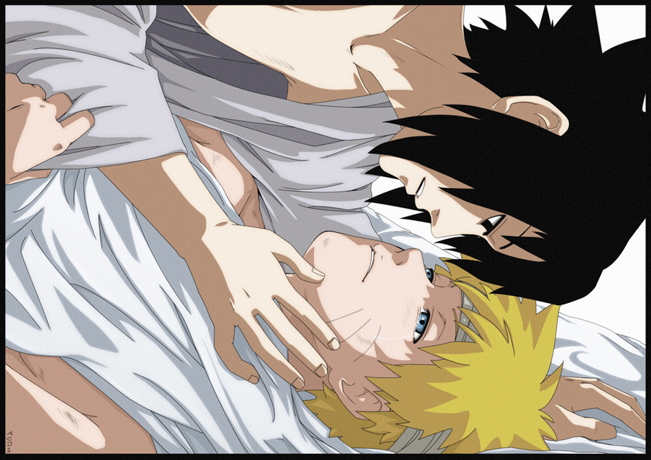 uchiha sasuke, uzumaki naruto, naruto (classic), naruto (series), artist request, 2boys, bandages, bed sheet, black hair, blonde hair, blue eyes, male focus, multiple boys, tears, yaoi