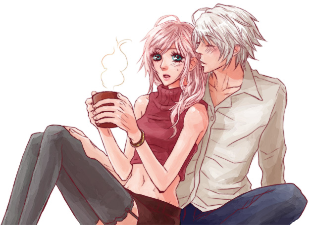 yuzu to, hope estheim, lightning farron, final fantasy, final fantasy xiii, silver hair, bad id, bad pixiv id, 10s, 1boy, 1girl, blush, closed eyes, couple, cup, hetero, long hair, midriff, navel, pink hair, sleeveless, thighhighs