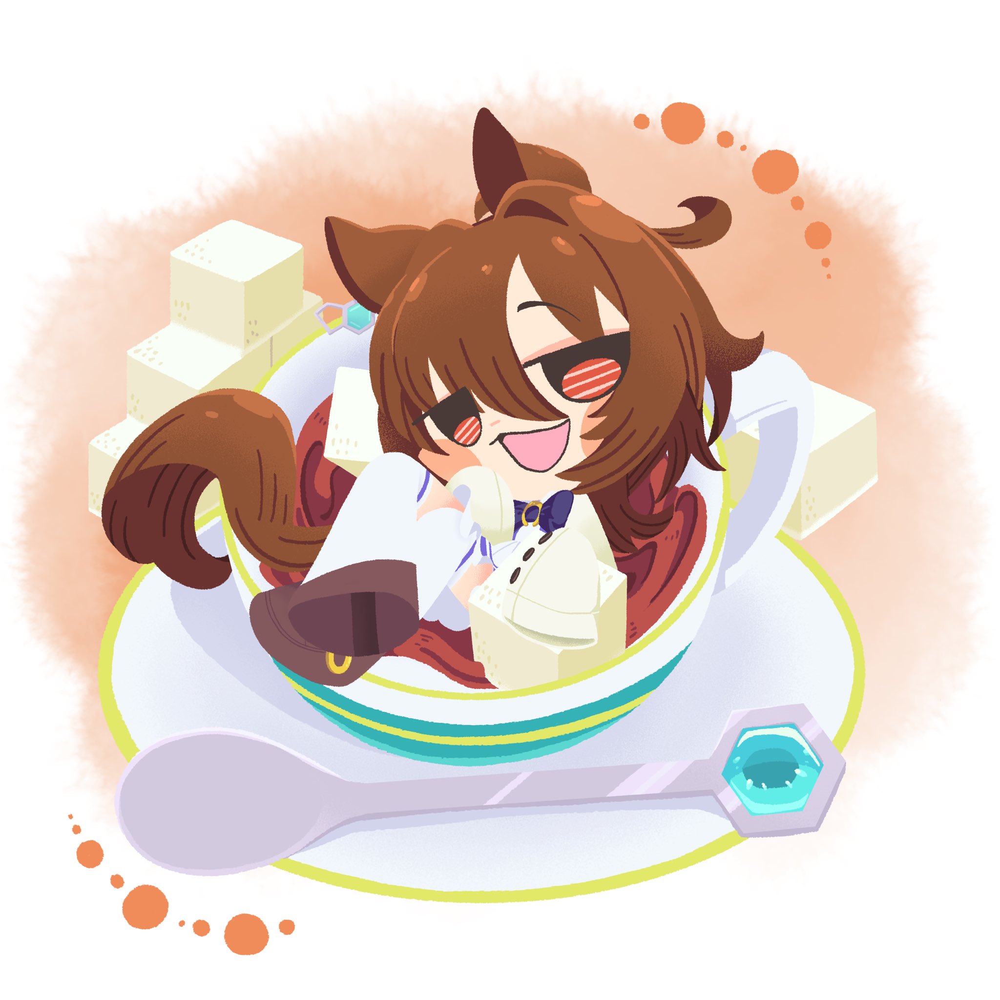 shinsei tomato, agnes tachyon (umamusume), umamusume, commentary request, highres, 1girl, :3, ahoge, animal ears, blush stickers, bow, bowtie, brown hair, chibi, chibi only, crossed legs, cup, full body, half-closed eyes, horse ears, horse girl, horse tail, in container, in cup, lab coat, long hair, long sleeves, looking at viewer, open mouth, red eyes, saucer, school uniform, sleeves past fingers, sleeves past wrists, smile, solo, spoon, sugar cube, tail, tea, teacup, teaspoon, thighhighs, tracen school uniform