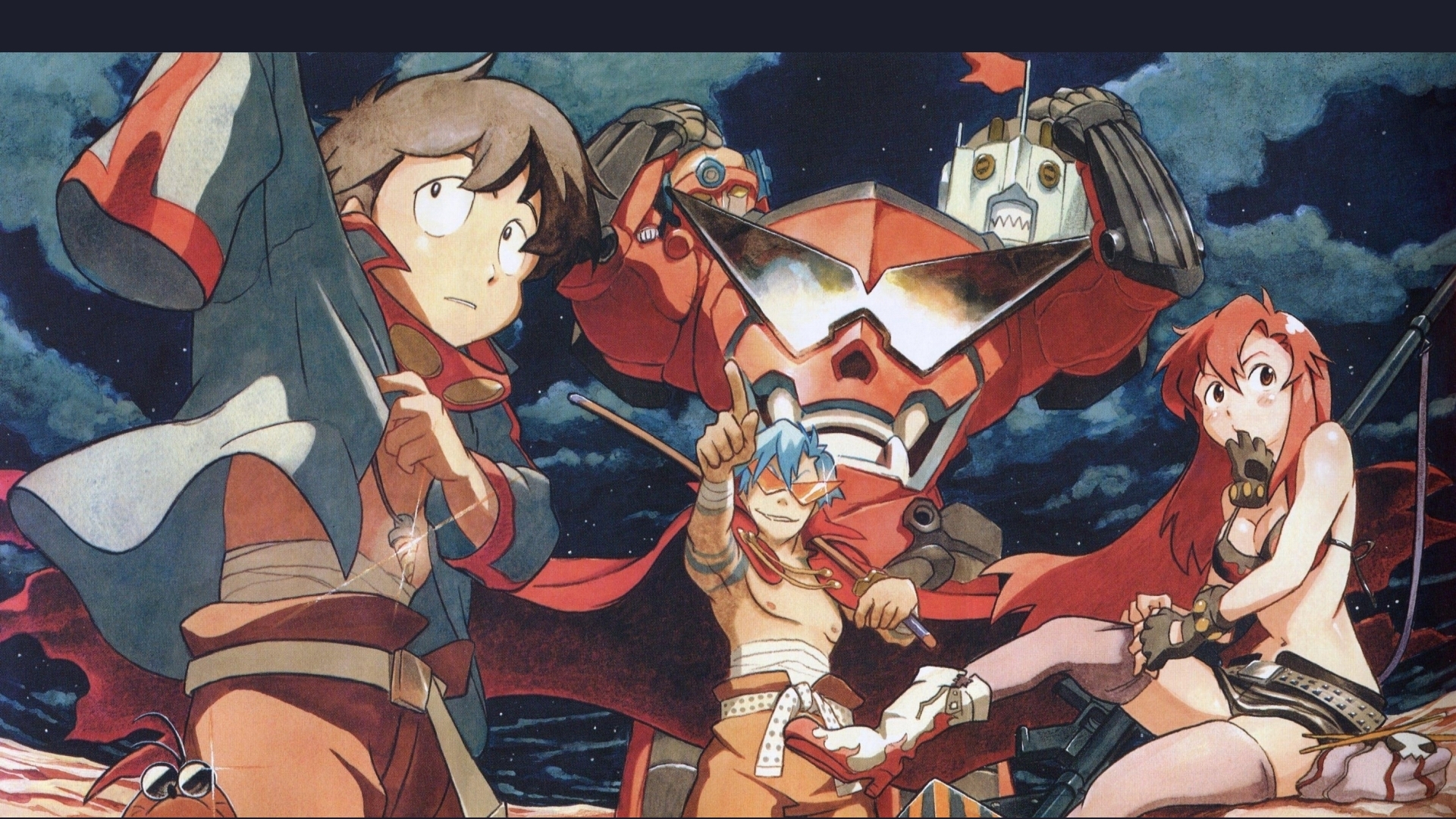 shinagawa hiroki, boota (ttgl), gurren, kamina (ttgl), lagann, simon (ttgl), yoko littner, tengen toppa gurren lagann, highres, 00s, 1girl, 2boys, bikini, bikini top only, blue hair, cape, drill, fingerless gloves, glasses, gloves, kamina shades, long hair, multiple boys, red hair, shorts, swimsuit, thighhighs, triangular eyewear, weapon