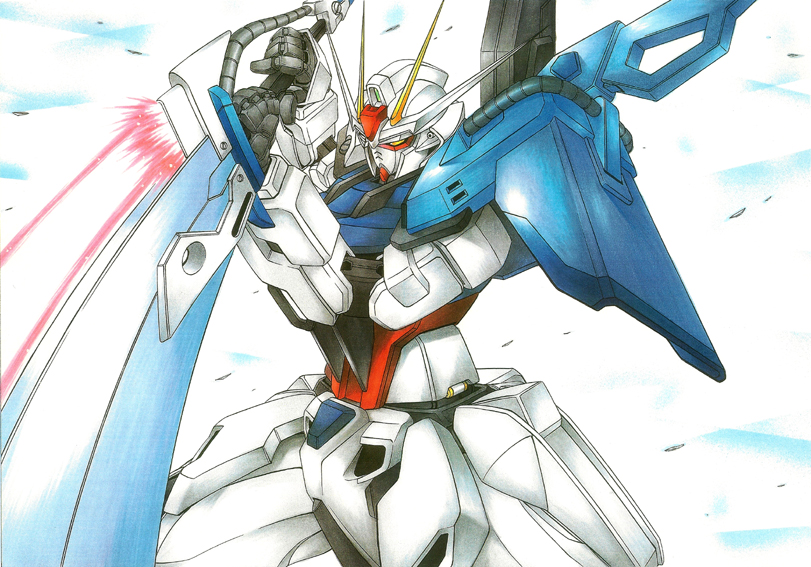 clr, strike gundam, sword strike gundam, gundam, gundam seed, marker (medium), nib pen (medium), pen (medium), traditional media, energy sword, mecha, no humans, robot, solo, sword, weapon