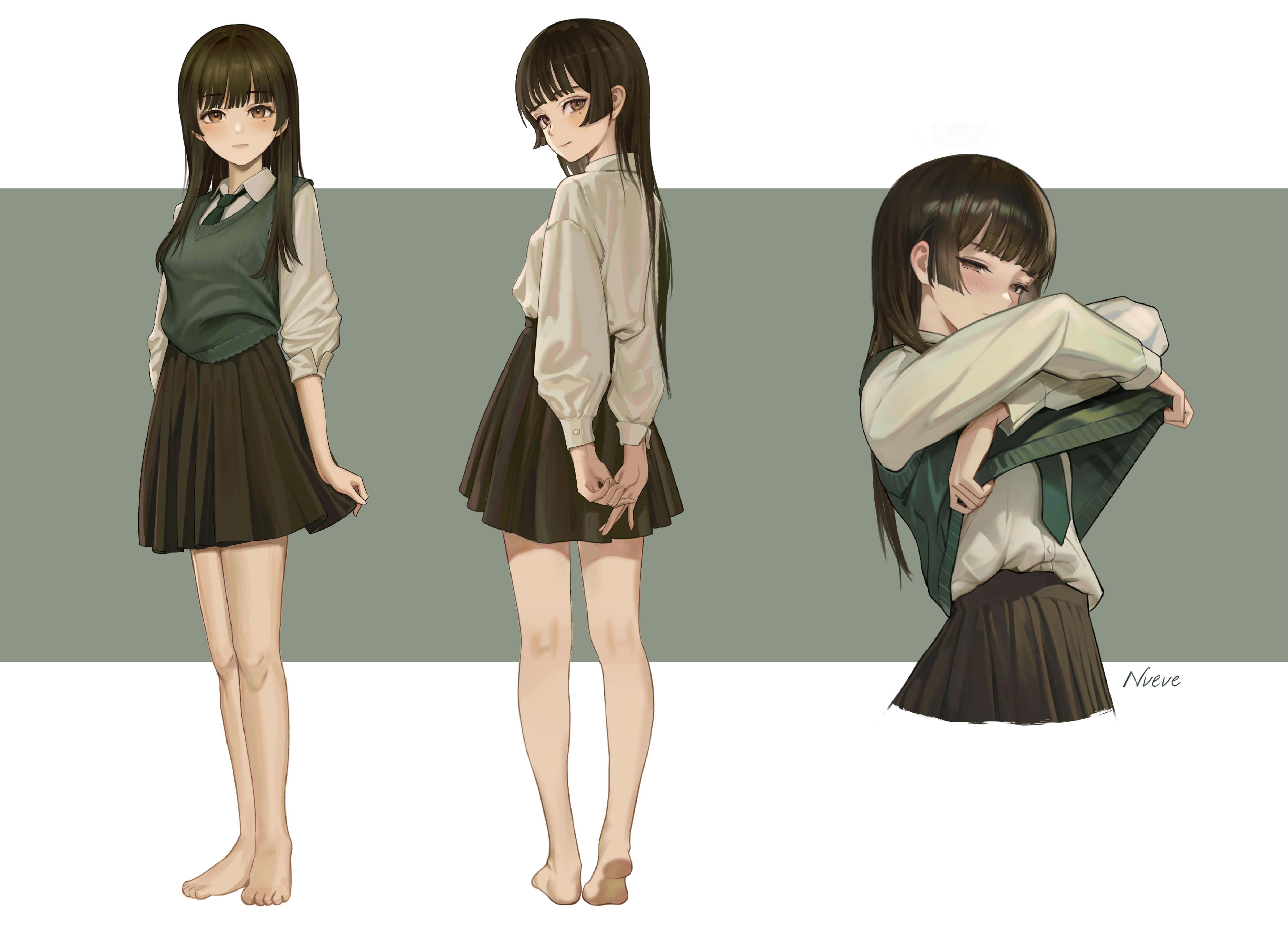 original, absurdres, commentary request, highres, 1girl, barefoot, black hair, black skirt, blush, bow, bowtie, breasts, brown eyes, green bow, green bowtie, green vest, half-closed eyes, hime cut, lifting own clothes, long hair, looking at viewer, looking back, mole, mole on cheek, multiple views, school uniform, shirt, skirt, small breasts, standing, thighs, user vvdr2237, vest, white shirt