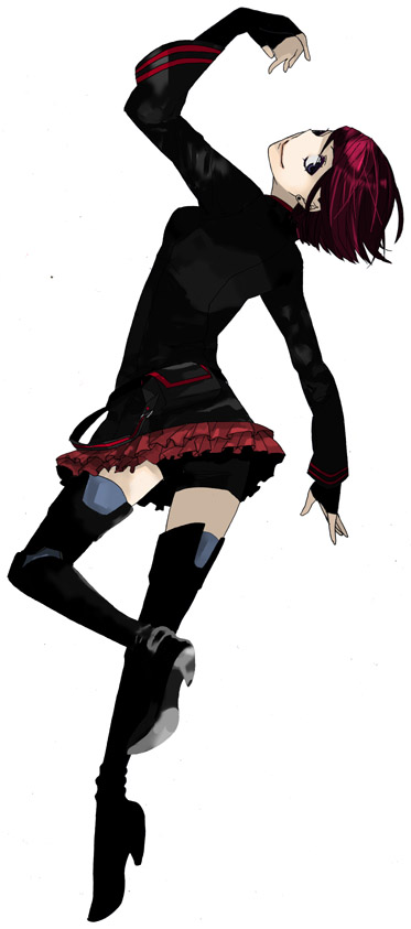 3point, kazuko (pixiv1658340), tachibana kazuko, lenalee lee, d.gray-man, uniform, bad id, bad pixiv id, 1girl, boots, female focus, fingerless gloves, gloves, high heel boots, high heels, red hair, short hair, skirt, solo, thigh boots, thighhighs