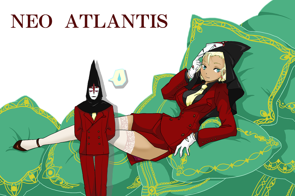 hiruandon, gargoyle (nadia), fushigi no umi no nadia, gender request, 1990s (style), 1girl, blonde hair, dark skin, earrings, female focus, formal clothes, genderswap, gloves, green eyes, jewelry, lying, mask, necktie, pillow, retro artstyle, solo, speech bubble, spoken sweatdrop, sweatdrop, thighhighs, white gloves