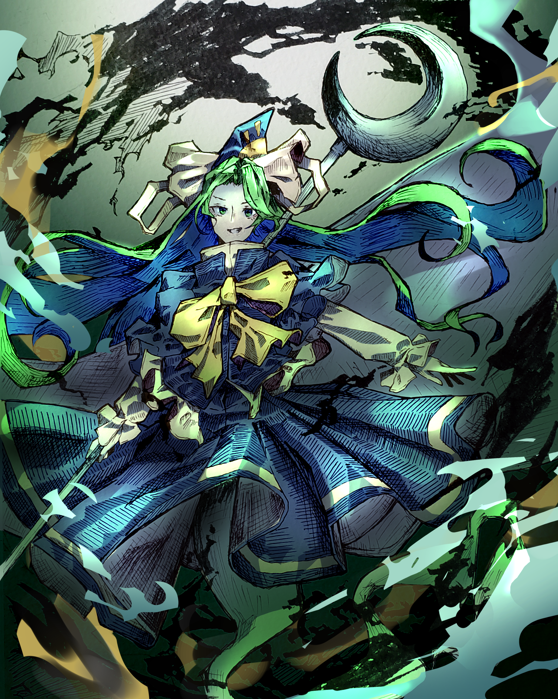 dauchimk 1, mima (touhou), touhou, touhou (pc-98), commentary, highres, traditional media, 1girl, aura, blue capelet, blue hat, blue skirt, blue vest, bow, bowtie, capelet, crescent, full body, ghost tail, green hair, hat, hat bow, holding, holding staff, long hair, long sleeves, ribbon, shirt, skirt, solo, staff, sun print, very long hair, vest, white ribbon, white shirt, wizard hat, yellow bow, yellow bowtie