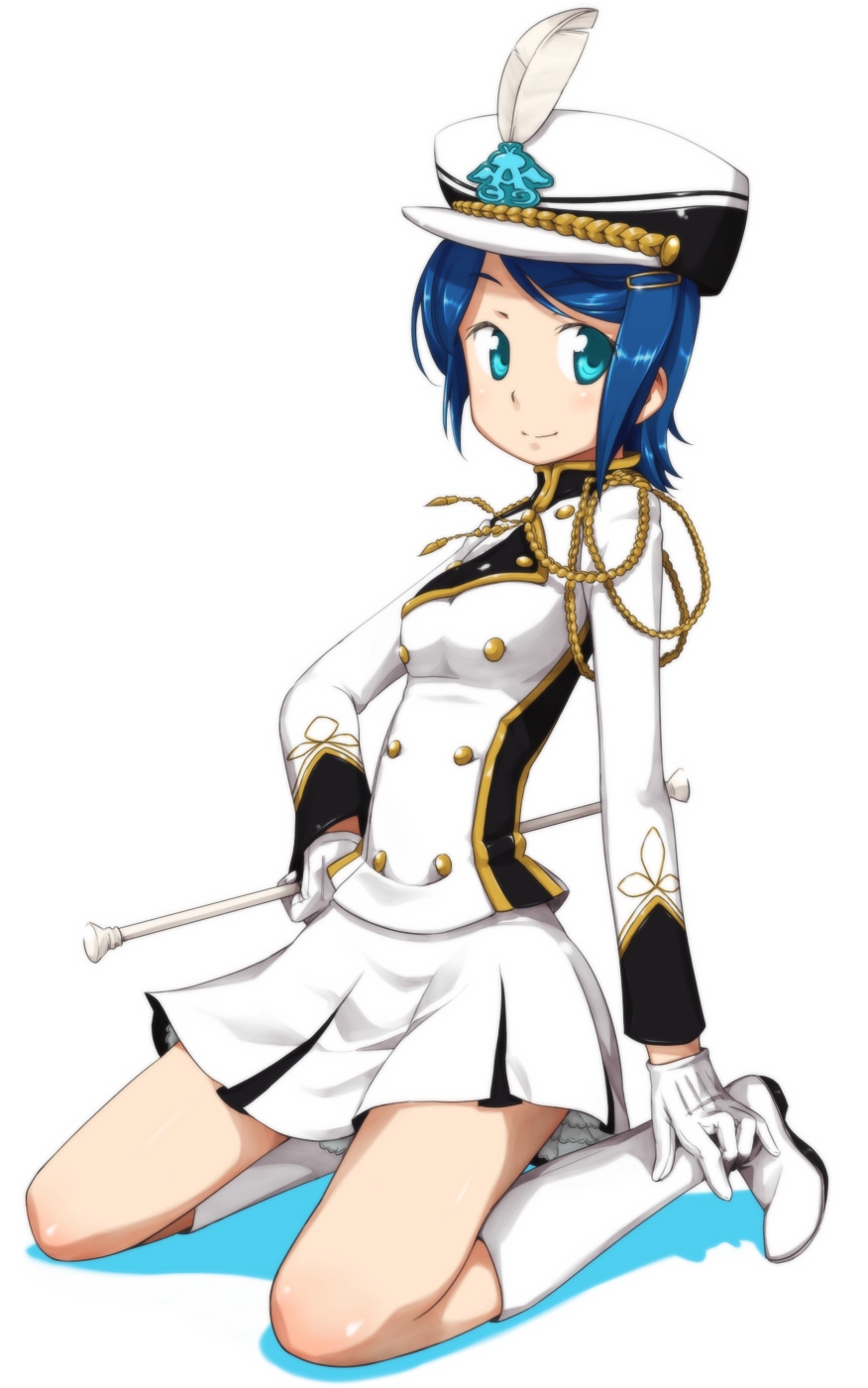 ttomm, mizutani eri, idolmaster, idolmaster dearly stars, baton, highres, 00s, band uniform, blue eyes, blue hair, boots, gloves, hat, knee boots, majorette, marching band baton, shako cap, solo