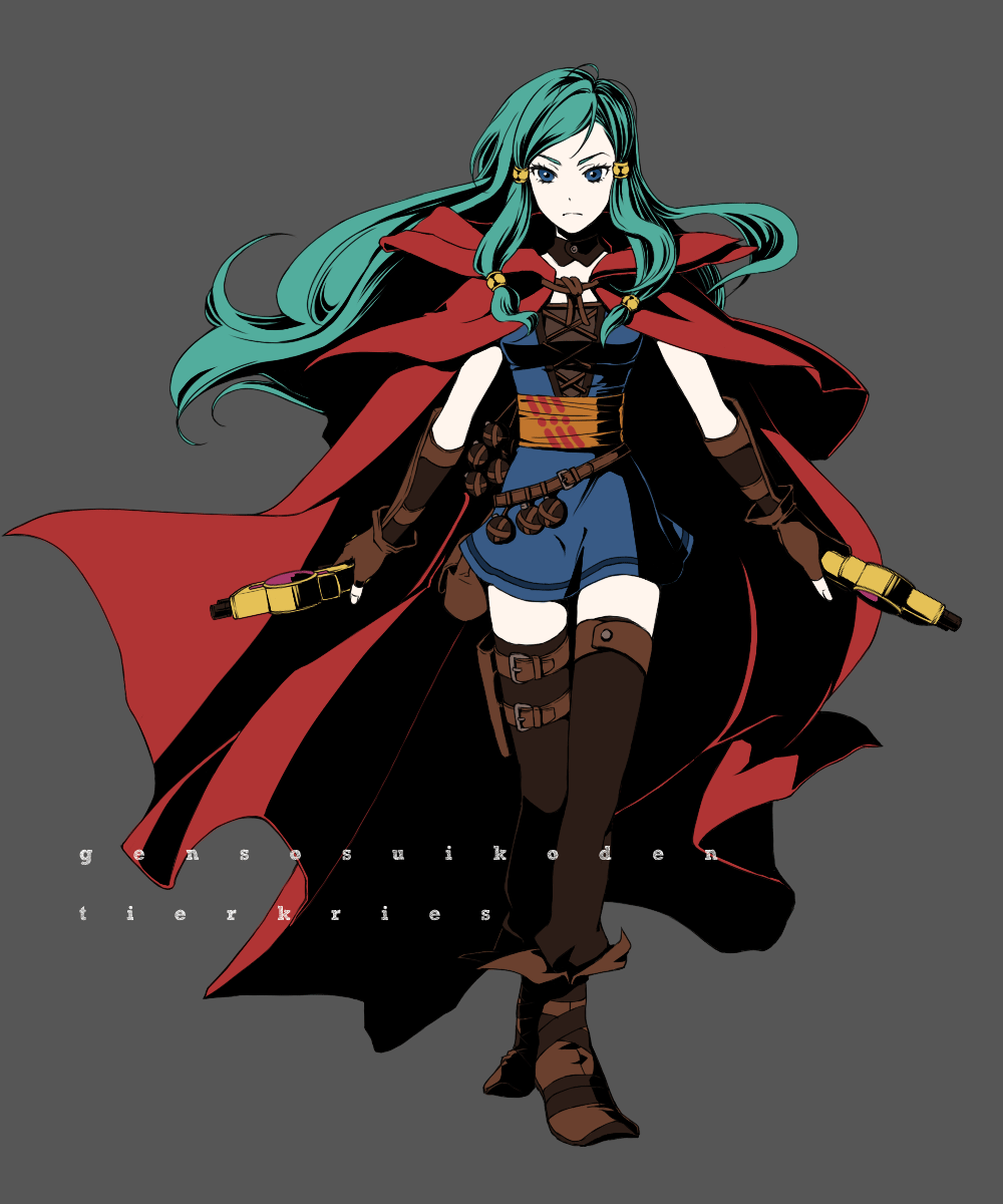 251, minen (suikoden), gensou suikoden, gensou suikoden tierkreis, highres, blue eyes, cape, dress, fingerless gloves, gloves, green hair, gun, long hair, thighhighs, weapon, zettai ryouiki