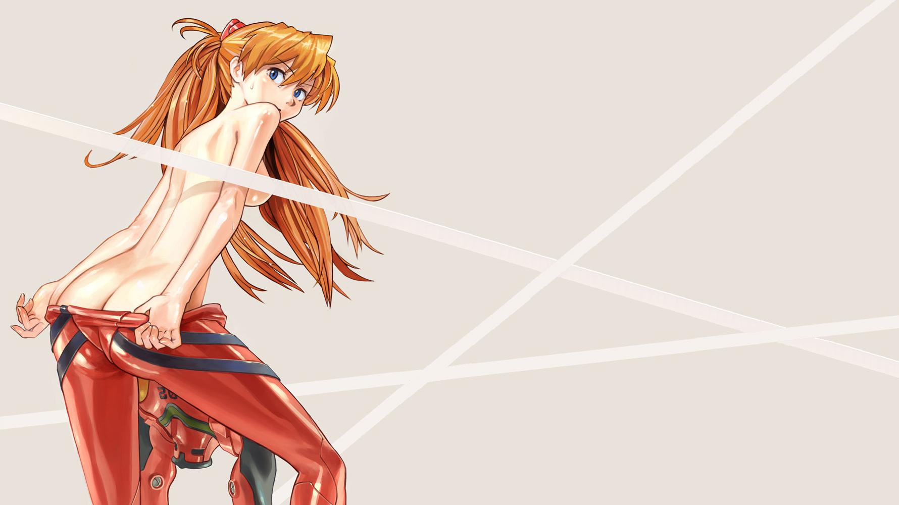 kiharatotsunori, souryuu asuka langley, neon genesis evangelion, highres, 1girl, ass, back, blue eyes, bodysuit, butt crack, censored, convenient censoring, female focus, from side, grey background, hair between eyes, kneepits, legs apart, long hair, mecha pilot suit, orange hair, parted bangs, plugsuit (evangelion), pulling own clothes, simple background, skin tight, solo, standing, surprised, topless female, two side up, undressing