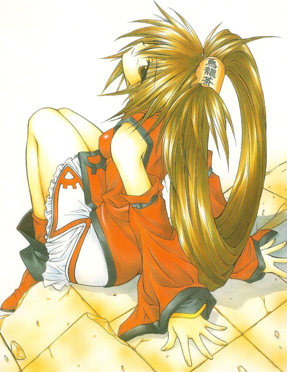 clr, kuradoberi jam, arc system works, guilty gear, 1girl, brown eyes, brown hair, chinese clothes, detached sleeves, female focus, from above, hair over one eye, long hair, solo, white background