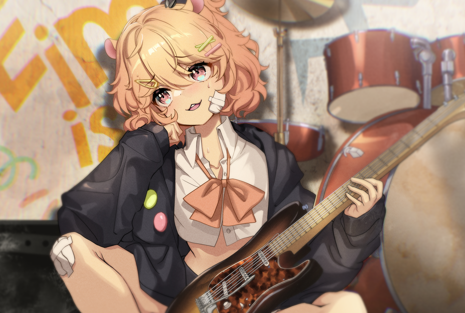 lucidsky, eimi isami, phase connect, second-party source, 1girl, animal ears, bandage on cheek, bandage on knee, black jacket, bow, bowtie, collared shirt, cropped shirt, drum, drum set, guitar, hair ornament, hairclip, hairpin, hamster ears, hamster girl, holding, holding guitar, holding instrument, instrument, jacket, long sleeves, open clothes, open jacket, open mouth, orange bow, orange bowtie, pink eyes, shirt, solo, sweat, teeth, upper teeth only, virtual youtuber, white shirt