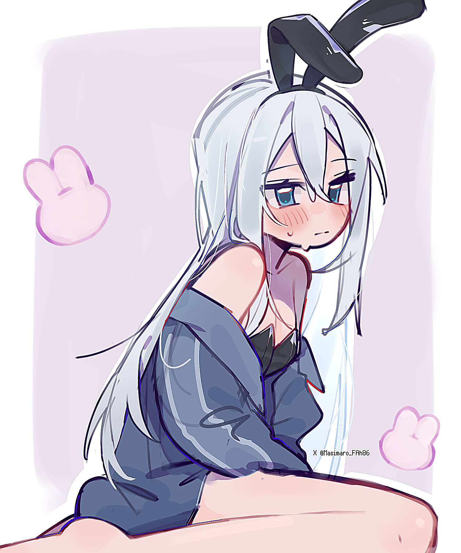 masimaro fah86, yoisaki kanade, project sekai, commentary request, highres, 1girl, animal ears, animal print, bare legs, bare shoulders, barefoot, black leotard, blue eyes, blue jacket, blush, breasts, closed mouth, fake animal ears, hair between eyes, jacket, leotard, long hair, looking at viewer, off shoulder, open clothes, open jacket, playboy bunny, rabbit ears, rabbit print, sitting, small breasts, solo, strapless, strapless leotard, sweat, very long hair, wariza, white hair