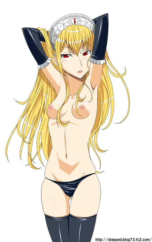 hinoki (hinoki-buro), hime (kaibutsu oujo), kaibutsu oujo, 1girl, armpits, arms up, black panties, black thighhighs, blonde hair, breasts, elbow gloves, female focus, gloves, groin, latex, latex gloves, long hair, nipples, panties, red eyes, simple background, skindentation, solo, thigh gap, thighhighs, thighs, tiara, topless female, underwear, white background