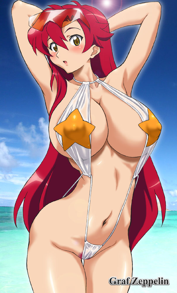 ta152 (graf zeppelin), space yoko, yoko littner, tengen toppa gurren lagann, 00s, 1girl, armpits, arms behind head, arms up, bikini, blush, breasts, cameltoe, cleavage, cloud, covered erect nipples, day, female focus, female pubic hair, huge breasts, lens flare, long hair, navel, ocean, pasties, pubic hair, puffy nipples, red hair, slingshot swimsuit, solo, star (symbol), star pasties, string bikini, sunglasses, sunglasses on head, swimsuit