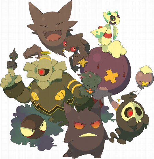 kokemomo sayakusa, banette, drifblim, drifloon, dusknoir, duskull, froslass, gastly, gengar, haunter, misdreavus, shuppet, nintendo, pokemon, :d, ^ ^, alternate color, beads, black eyes, blue eyes, closed eyes, colored sclera, floating, full body, gen 1 pokemon, gen 2 pokemon, gen 3 pokemon, gen 4 pokemon, ghost, heart, looking at viewer, looking up, no humans, one-eyed, open mouth, pokemon (creature), prayer beads, red eyes, red sclera, shiny pokemon, size difference, smile, standing, teeth, yellow sclera, zipper