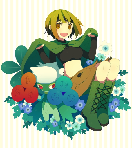 kokemomo sayakusa, gardenia (pokemon), roserade, nintendo, pokemon, pokemon dppt, 00s, 1girl, boots, brown eyes, brown hair, capelet, gen 4 pokemon, green boots, green capelet, green hair, gym leader, midriff, navel, no feet, pokemon (creature), short hair, shorts