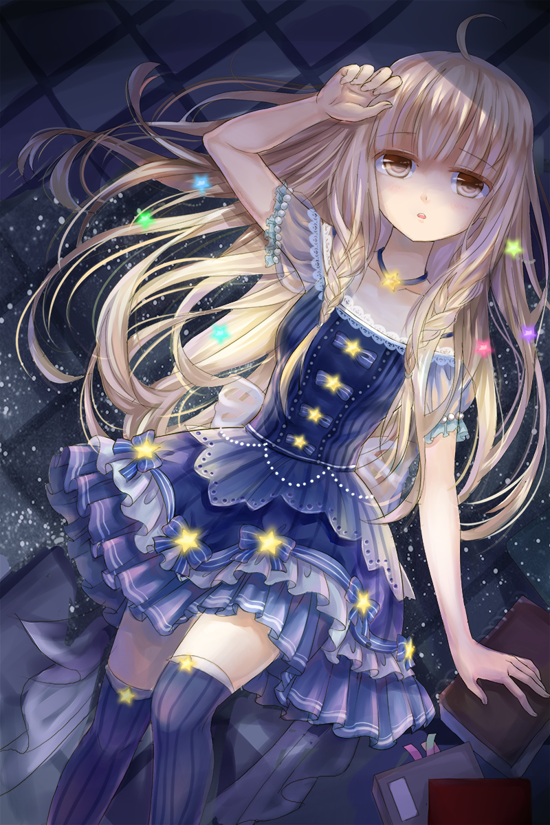 di tao, starlet (miracle nikki), miracle nikki, nikki (series), chinese commentary, commentary, commentary request, english commentary, highres, mixed-language commentary, 1girl, :o, ahoge, bare arms, blonde hair, bow, braid, breasts, brown eyes, buttons, choker, coattails, collarbone, dot nose, dress, dress bow, feet out of frame, frilled dress, frilled sleeves, frills, hair between eyes, hand on own head, jitome, lace, lace-trimmed dress, lace trim, light blush, light particles, long hair, long sidelocks, looking at viewer, lying, off-shoulder dress, off shoulder, on back, open mouth, over-kneehighs, puffy short sleeves, puffy sleeves, purple bow, purple choker, purple dress, purple socks, see-through clothes, see-through sleeves, short dress, short sleeves, side braids, sidelocks, socks, solo, star (symbol), star button, star choker, striped bow, striped clothes, striped socks, tailcoat, thighhighs, tile floor, tiles, twin braids, vertical-striped clothes, vertical-striped socks, very long hair