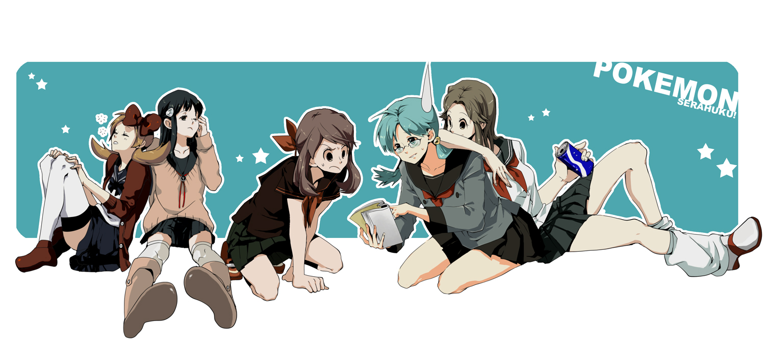 tarteap, dawn (pokemon), kris (pokemon), leaf (pokemon), lyra (pokemon), may (pokemon), nintendo, pokemon, pokemon dppt, pokemon frlg, pokemon gsc, pokemon hgss, pokemon rse, white legwear, 00s, 1990s (style), 5girls, ahoge, alternate headwear, aqua background, black serafuku, black socks, blue bow, blue bowtie, bow, bowtie, can, copyright name, drink can, everyone, eyelashes, frown, kneehighs, leaning on person, leaning to the side, loose socks, miniskirt, multiple girls, neckerchief, outline, red neckerchief, retro artstyle, school uniform, serafuku, sitting, skirt, socks, soda can, sweater, swept bangs, thighhighs, v-shaped eyebrows, white background, white outline