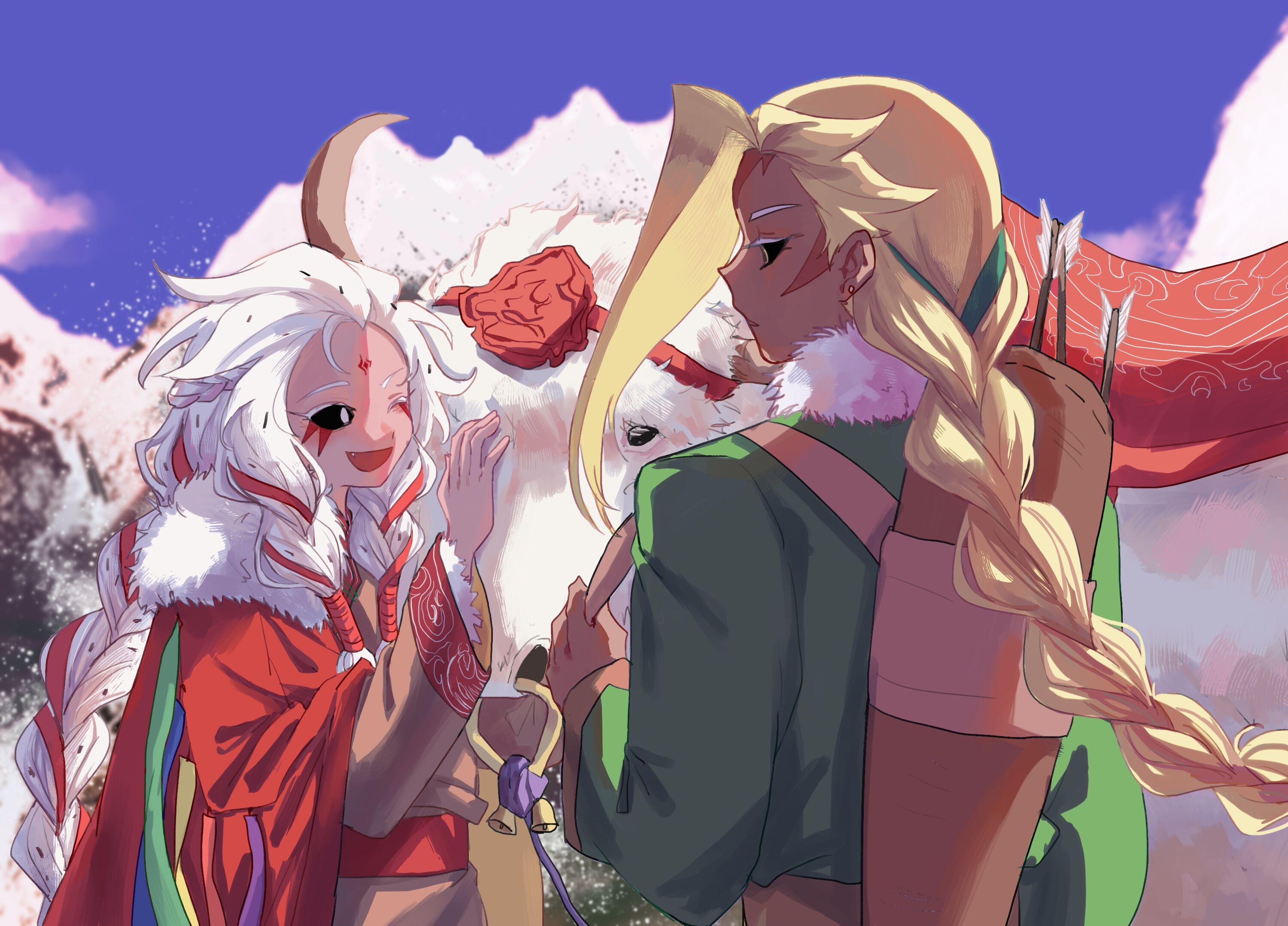 geruideyundongxie, ananas dragon cookie, pitaya dragon cookie, cookie run, cookie run: ovenbreak, chinese commentary, commentary request, highres, 2others, ;d, animal, arrow (projectile), backlighting, bag behind back, bell, black sclera, blonde hair, braid, braided ponytail, braided sidelocks, brown bag, brown hanfu, brown horns, chinese clothes, cloud, colored eyelashes, colored sclera, colored skin, cumulonimbus cloud, dark skin, day, earrings, facial mark, fang, food-themed hair, forehead mark, from behind, fur-trimmed sleeves, fur trim, green hanfu, green ribbon, hair behind ear, hair ribbon, hand up, hanfu, horns, humanization, jewelry, jingle bell, long hair, long sleeves, looking at another, multiple others, one eye closed, open mouth, other focus, outdoors, parted lips, pink skin, profile, purple sky, red ribbon, ribbon, single braid, sky, smile, snow, stud earrings, tri braids, upper body, very long hair, white eyelashes, white eyes, white hair, wide sleeves