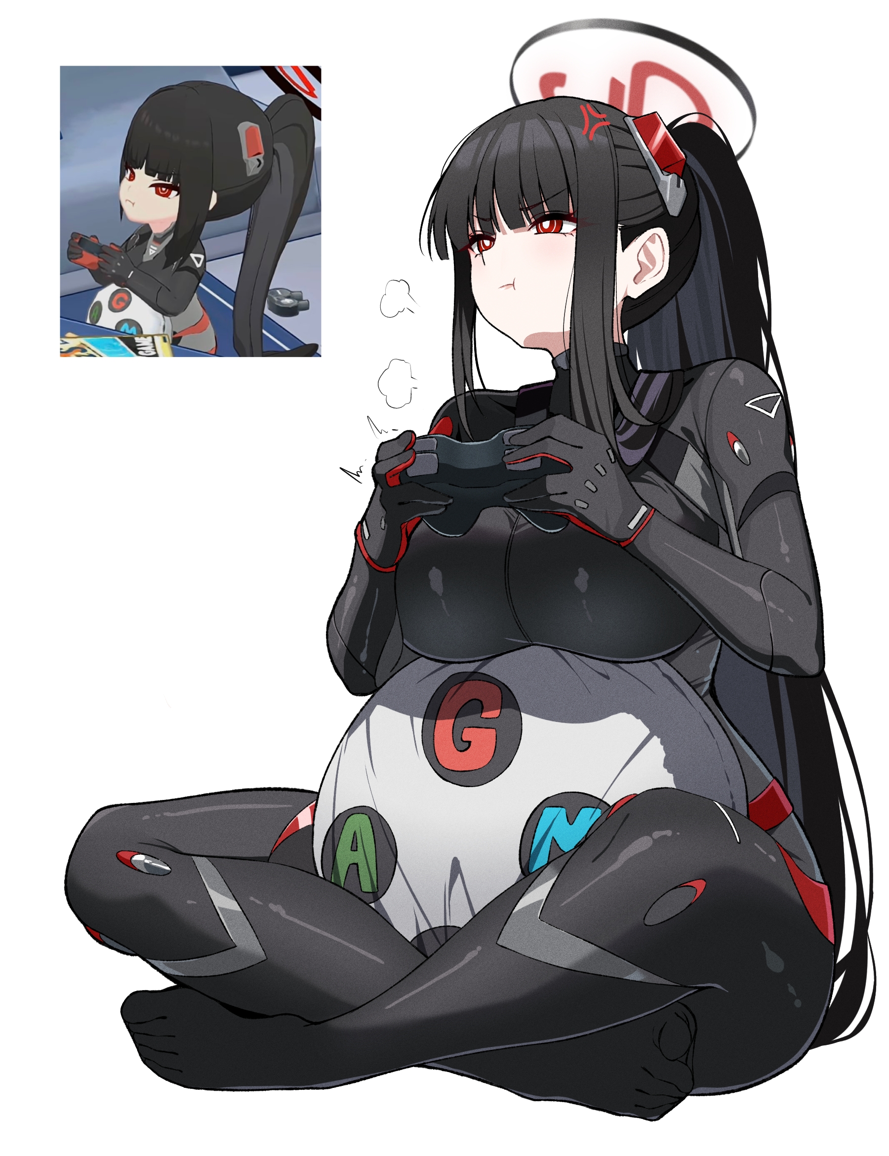 reia 76, rio (blue archive), blue archive, commentary request, highres, 1girl, anger vein, black bodysuit, black hair, black halo, blunt bangs, bodysuit, breasts, bright pupils, controller, game controller, halo, high ponytail, holding, holding controller, holding game controller, huge breasts, impossible bodysuit, impossible clothes, indian style, large breasts, latex, latex bodysuit, long hair, multicolored halo, official alternate costume, official alternate hairstyle, playing games, ponytail, pout, puff of air, red eyes, red halo, reference inset, ringed eyes, rio (armed) (blue archive), screenshot inset, sidelocks, sitting, skin tight, solo, toes, two-tone halo, very long hair, white background