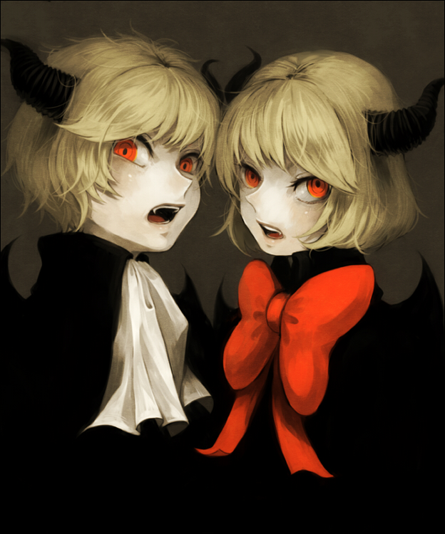 tetsuko (tetsuko009), original, 1boy, 1girl, blonde hair, fangs, horns, red eyes, short hair