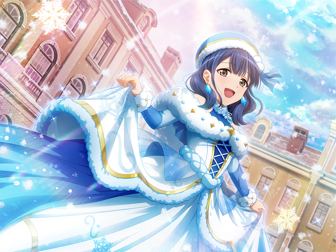 hanayagi kaoruko, shoujo kageki revue starlight, shoujo kageki revue starlight -re live-, game cg, official art, 1girl, blue hair, brown eyes, building, dress, dutch angle, earrings, fur-trimmed dress, fur trim, jewelry, layered dress, long sleeves, looking at viewer, medium hair, open mouth, skirt hold, solo, standing, white dress