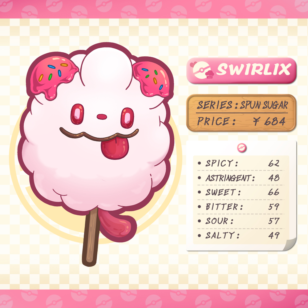 pluto.m, swirlix, nintendo, pokemon, commentary, commentary request, english commentary, mixed-language commentary, character name, cotton candy, english text, food focus, foodification, gen 6 pokemon, no humans, pokemon (creature), price, sprinkles, stats