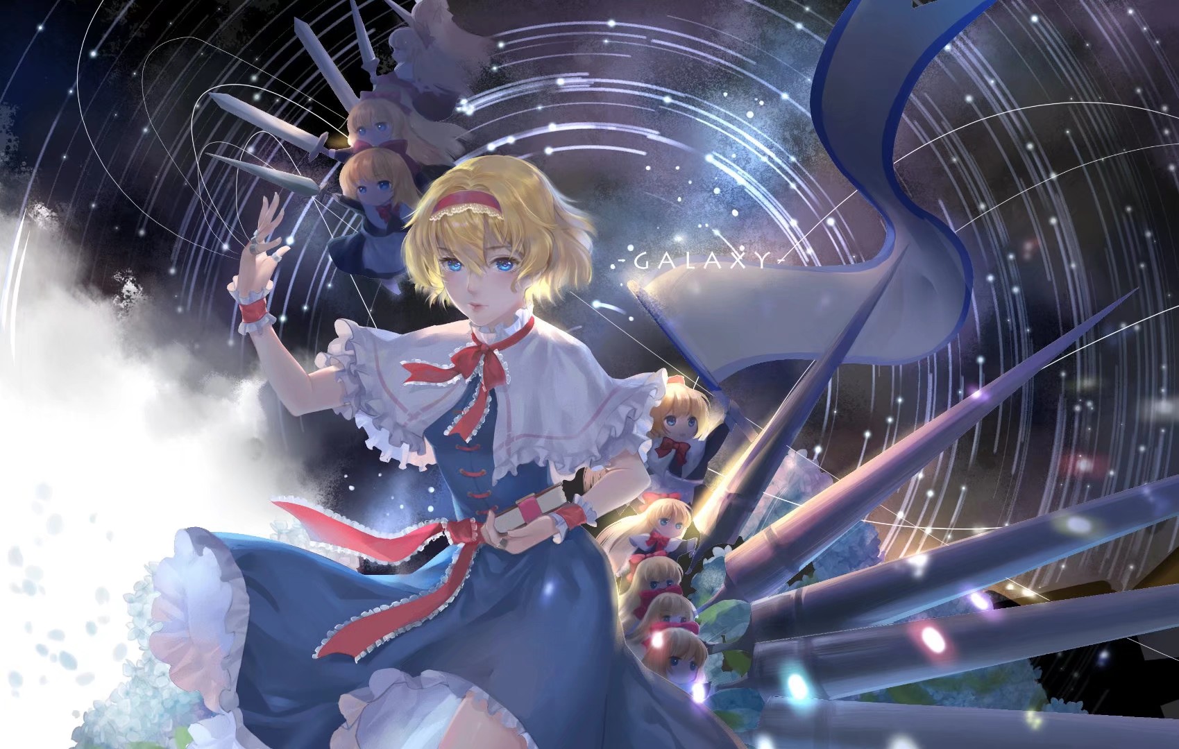 di tao, alice margatroid, shanghai doll, touhou, commentary, english commentary, highres, 1girl, blonde hair, blue dress, blue eyes, book, bow, bowtie, capelet, cowboy shot, danmaku, dress, english text, floral background, flower, frilled bowtie, frilled capelet, frilled dress, frilled hairband, frilled wrist cuffs, frills, hair between eyes, hairband, hand up, holding, holding book, lips, lolita hairband, looking at viewer, medium dress, outdoors, parted lips, petals, pink lips, puppet strings, red bow, red bowtie, red hairband, red wrist cuffs, short hair, standing, star (symbol), stuffed toy, waist bow, white capelet, white flower, wrist cuffs