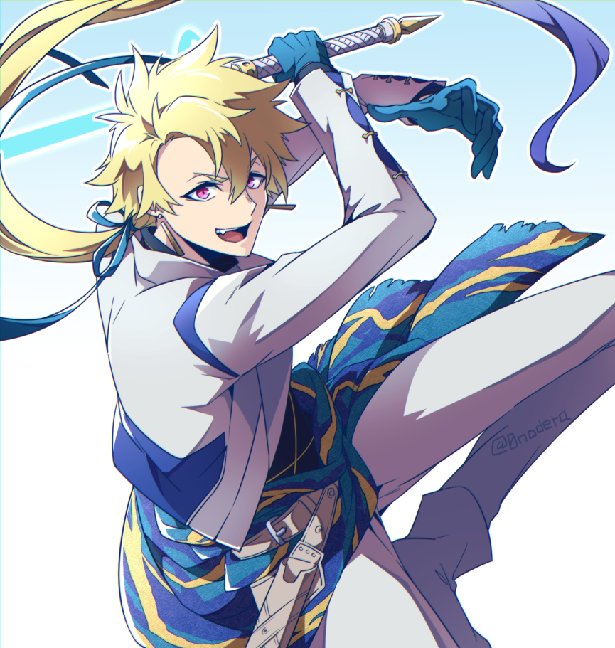 0nodera, n-innocence, commentary request, 1boy, blonde hair, blue gloves, blue ribbon, fang, foot out of frame, gloves, gradient background, grey jacket, grey pants, hair between eyes, holding, holding sword, holding weapon, jacket, long hair, long sleeves, male focus, pants, ponytail, ribbon, solo, sword, takemikazuchi (n-innocence), weapon
