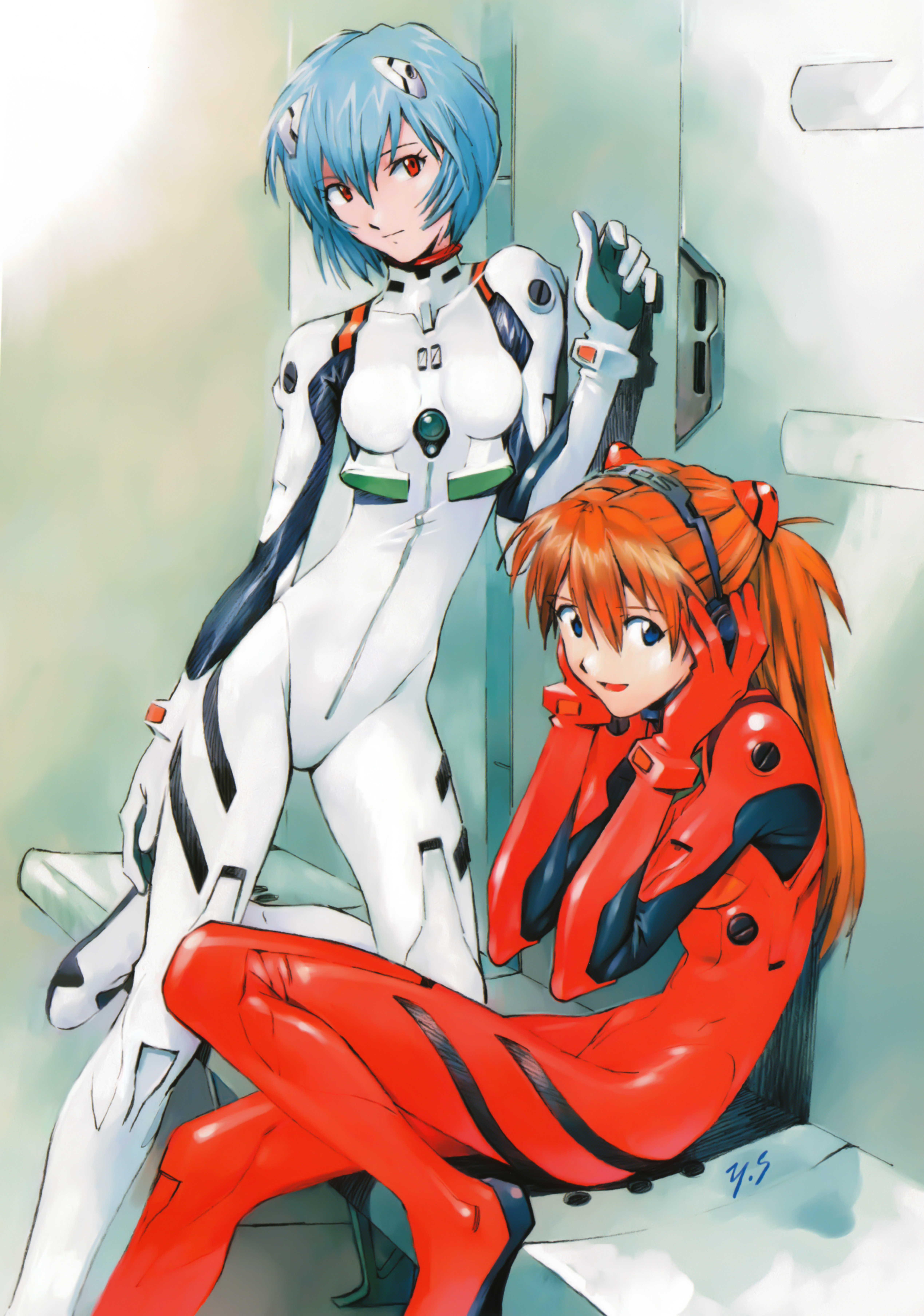 sadamoto yoshiyuki, ayanami rei, souryuu asuka langley, neon genesis evangelion, absurdres, cleaned, highres, official art, 2girls, blue eyes, blue hair, headphones, latex, mecha pilot suit, multiple girls, pale skin, plugsuit (evangelion), red eyes, red hair, short hair