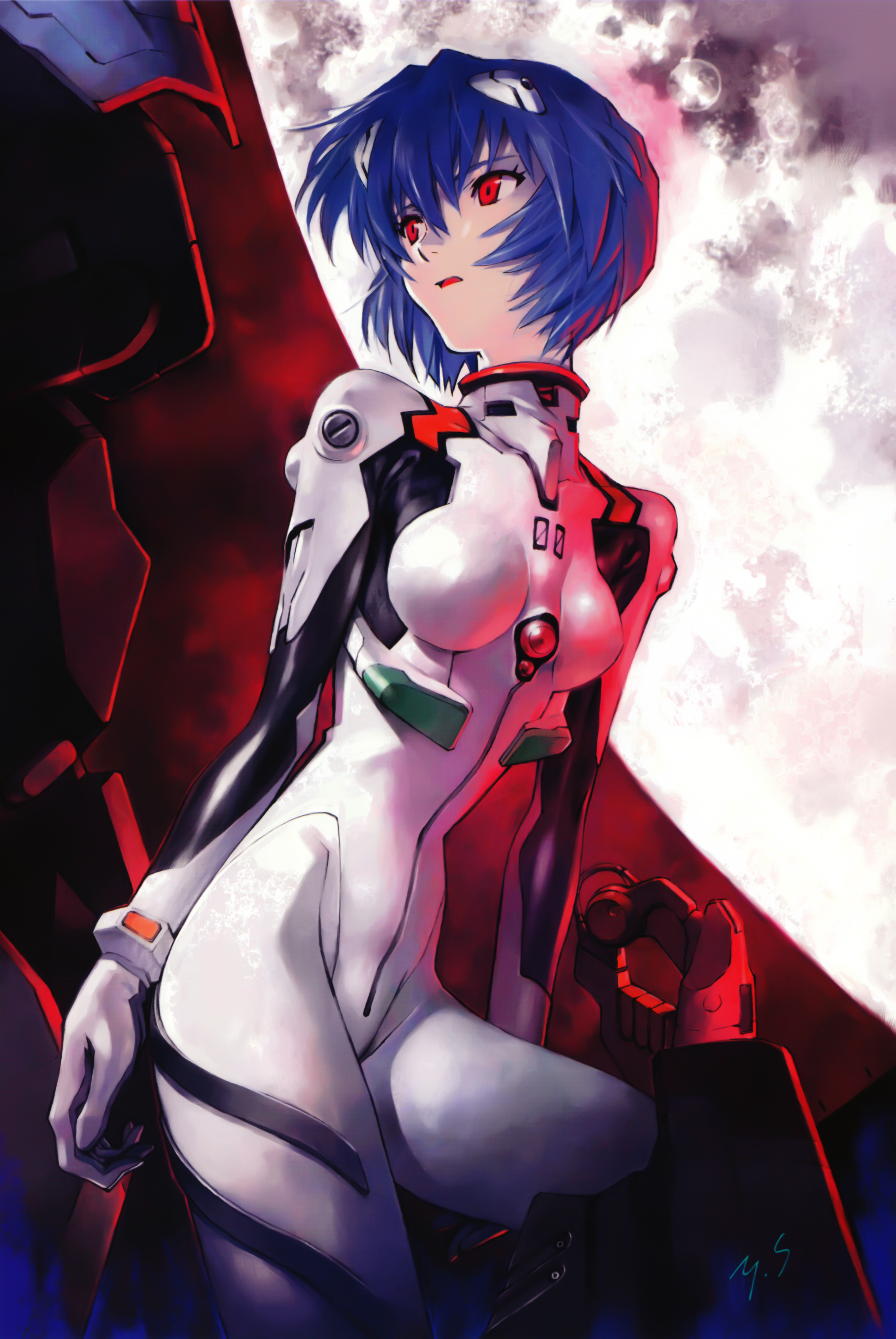 sadamoto yoshiyuki, ayanami rei, evangelion: 1.0 you are (not) alone, neon genesis evangelion, rebuild of evangelion, absurdres, cleaned, highres, official art, scan, 00s, 1girl, blue hair, female focus, mecha pilot suit, moon, open mouth, pale skin, plugsuit (evangelion), red eyes, solo