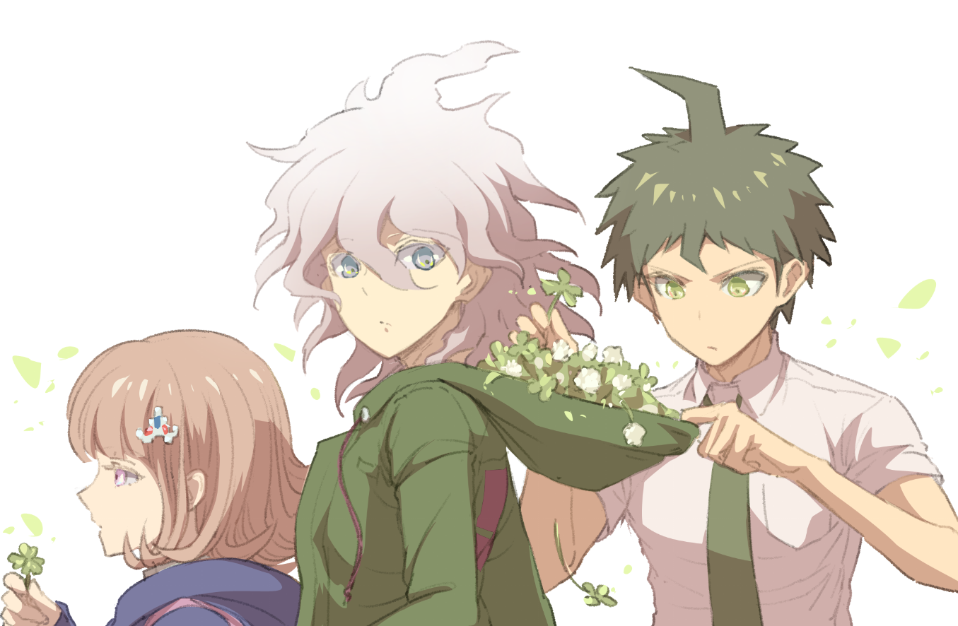 youko-shima, hinata hajime, komaeda nagito, nanami chiaki, danganronpa (series), danganronpa 2: goodbye despair, commentary request, 1girl, 2boys, ahoge, blue eyes, brown hair, clover, collared shirt, flipped hair, flower, four-leaf clover, from side, green eyes, grey hair, hair ornament, holding, holding clover, hood, hood basket, hood down, hoodie, looking back, looking down, looking to the side, multiple boys, necktie, pink eyes, pink hair, profile, shirt, short hair, short sleeves